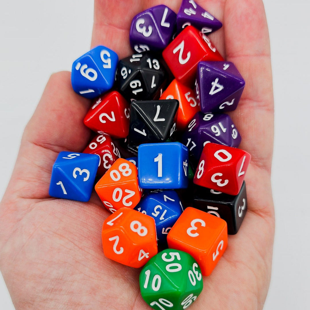 42 piece resin dnd dice set for 6 dungeon and dragons players. The dice colors are green, blue, red, purple, orange and black.