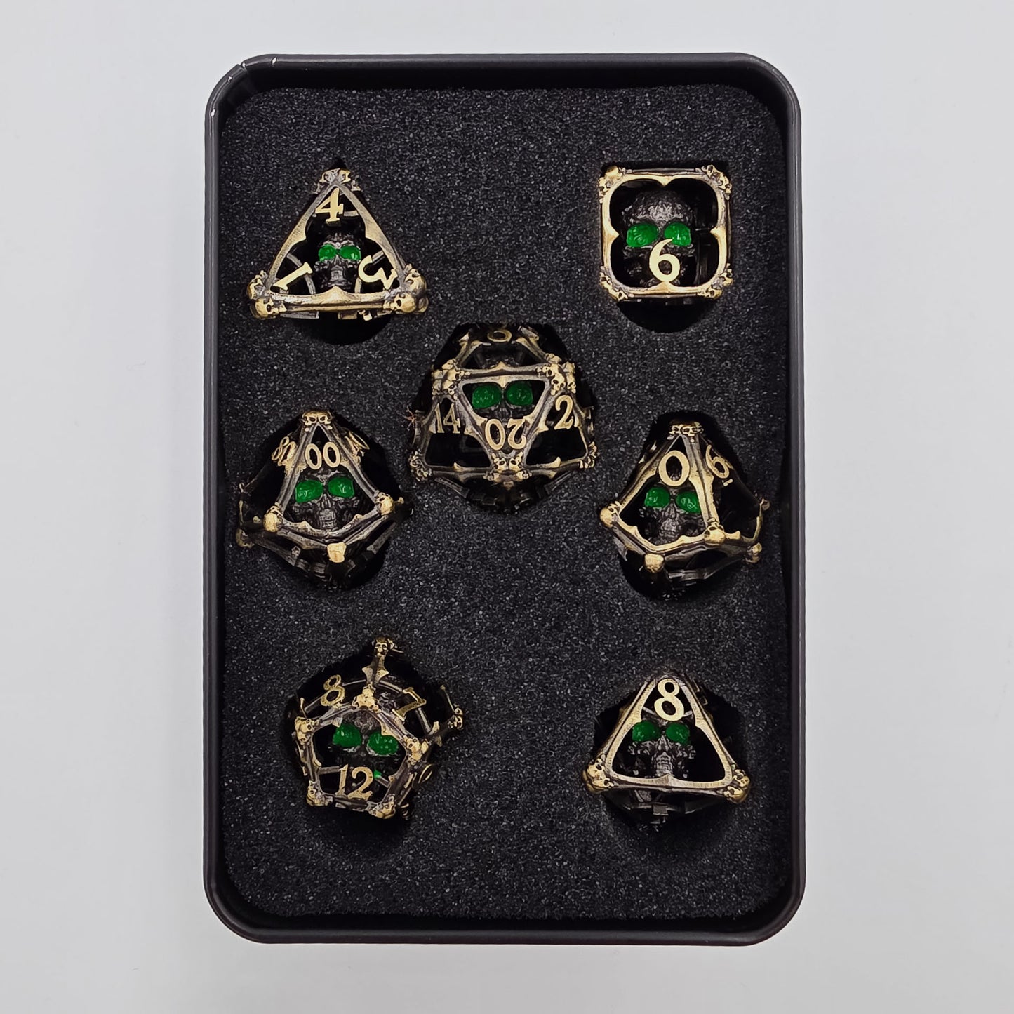 Antique Gold Hollow Metal 3D Skull DND Dice Set