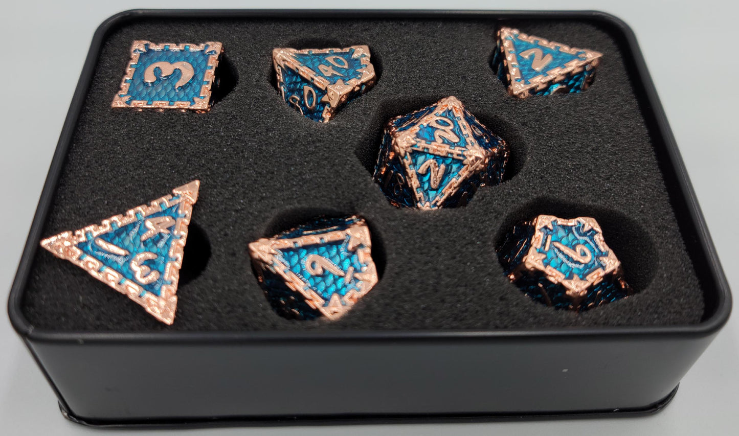Aqua Blue & Rose Gold Dragon Scale Metal D&D Dice