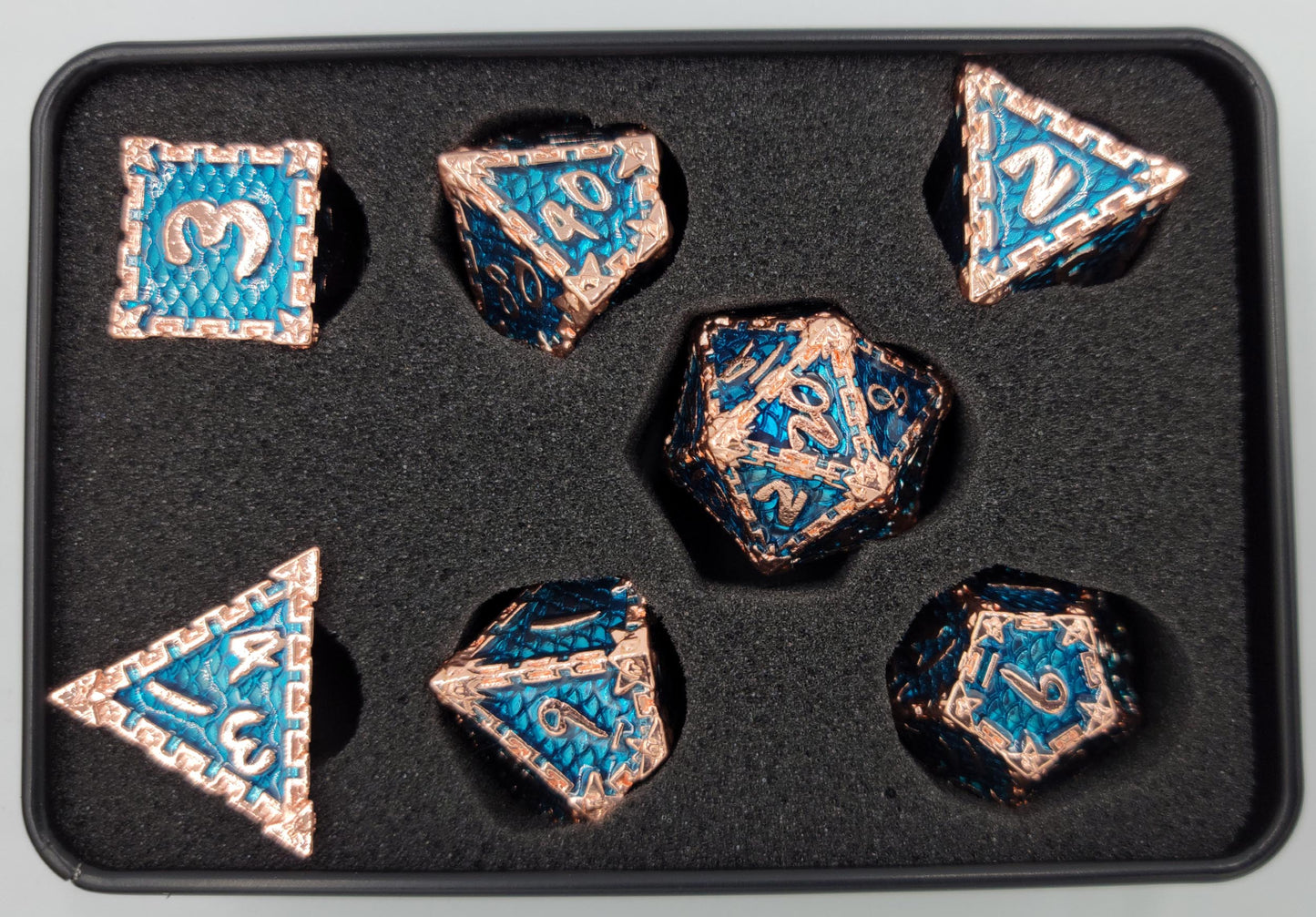 Aqua Blue & Rose Gold Dragon Scale Metal D&D Dice