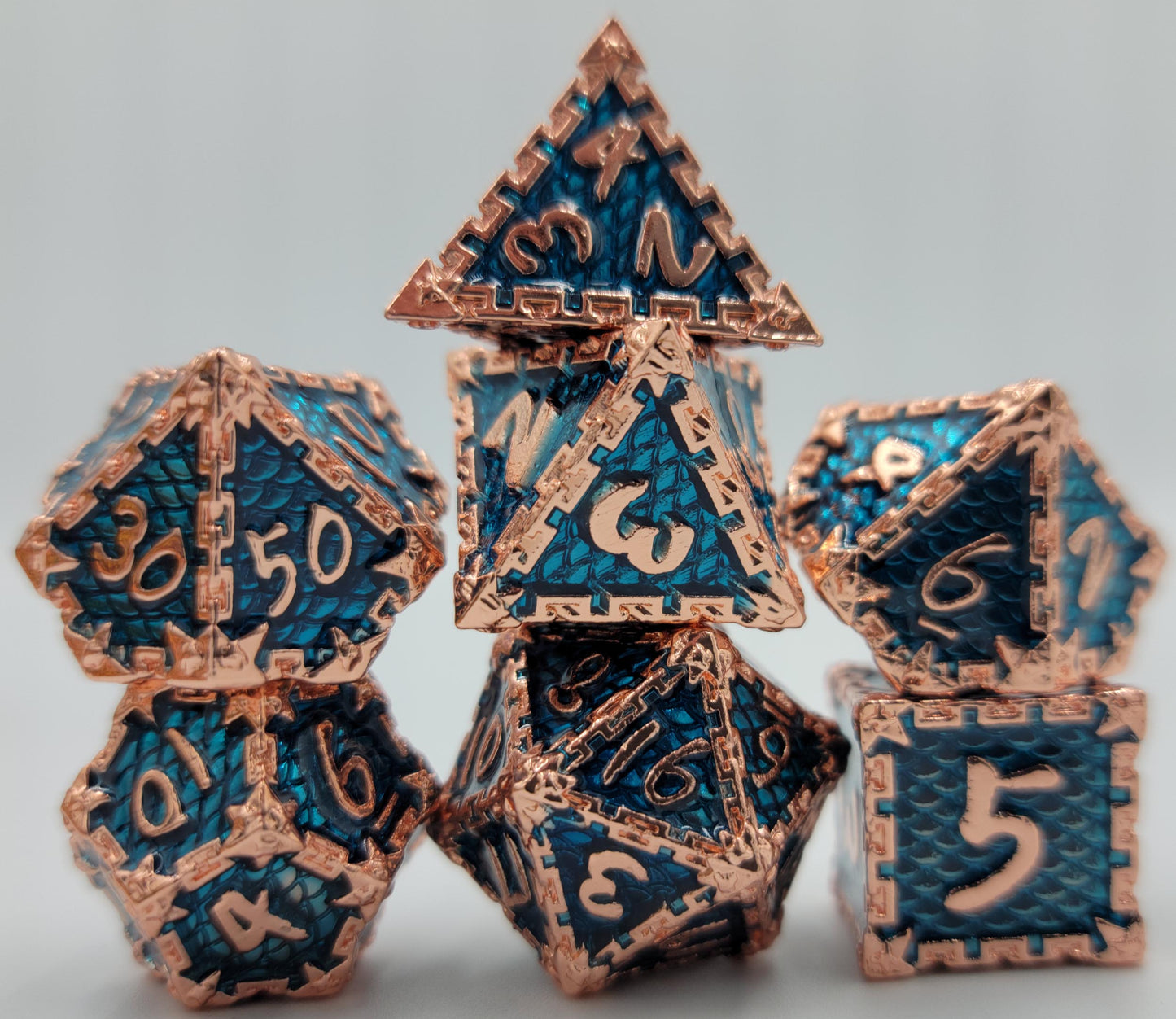Aqua Blue & Rose Gold Dragon Scale Metal D&D Dice