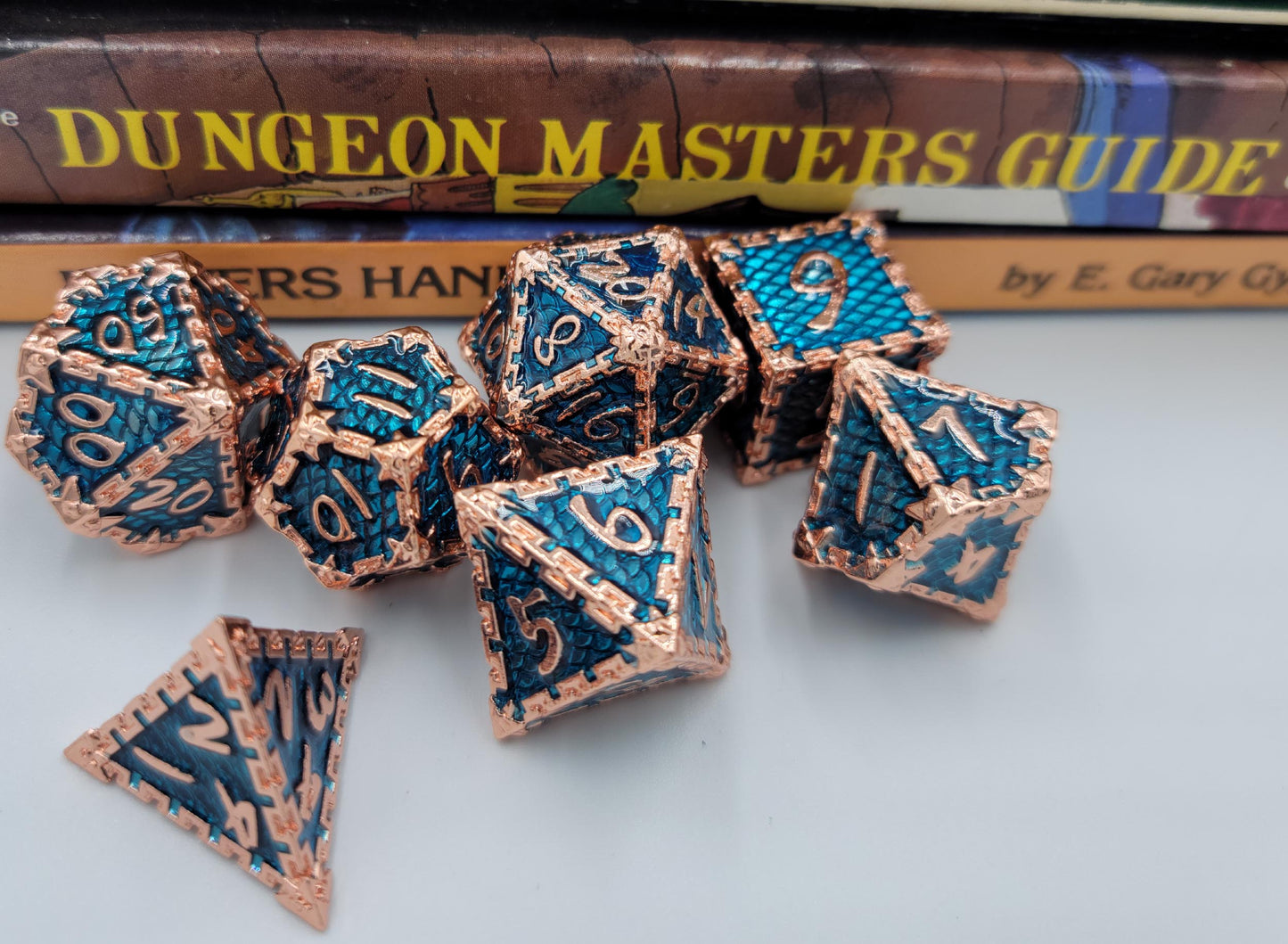 Aqua Blue & Rose Gold Dragon Scale Metal D&D Dice