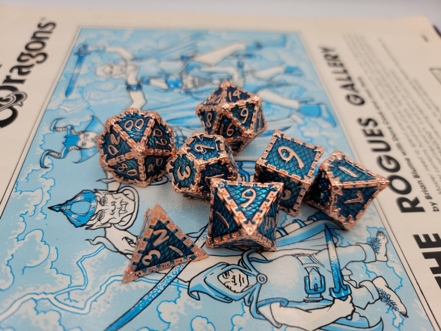 Aqua Blue & Rose Gold Dragon Scale Metal D&D Dice