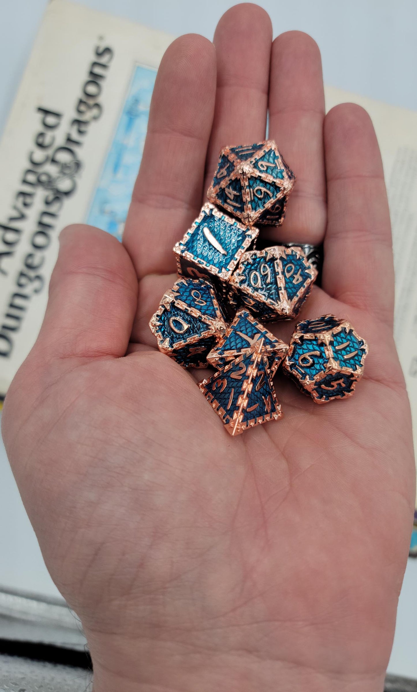 Aqua Blue & Rose Gold Dragon Scale Metal D&D Dice