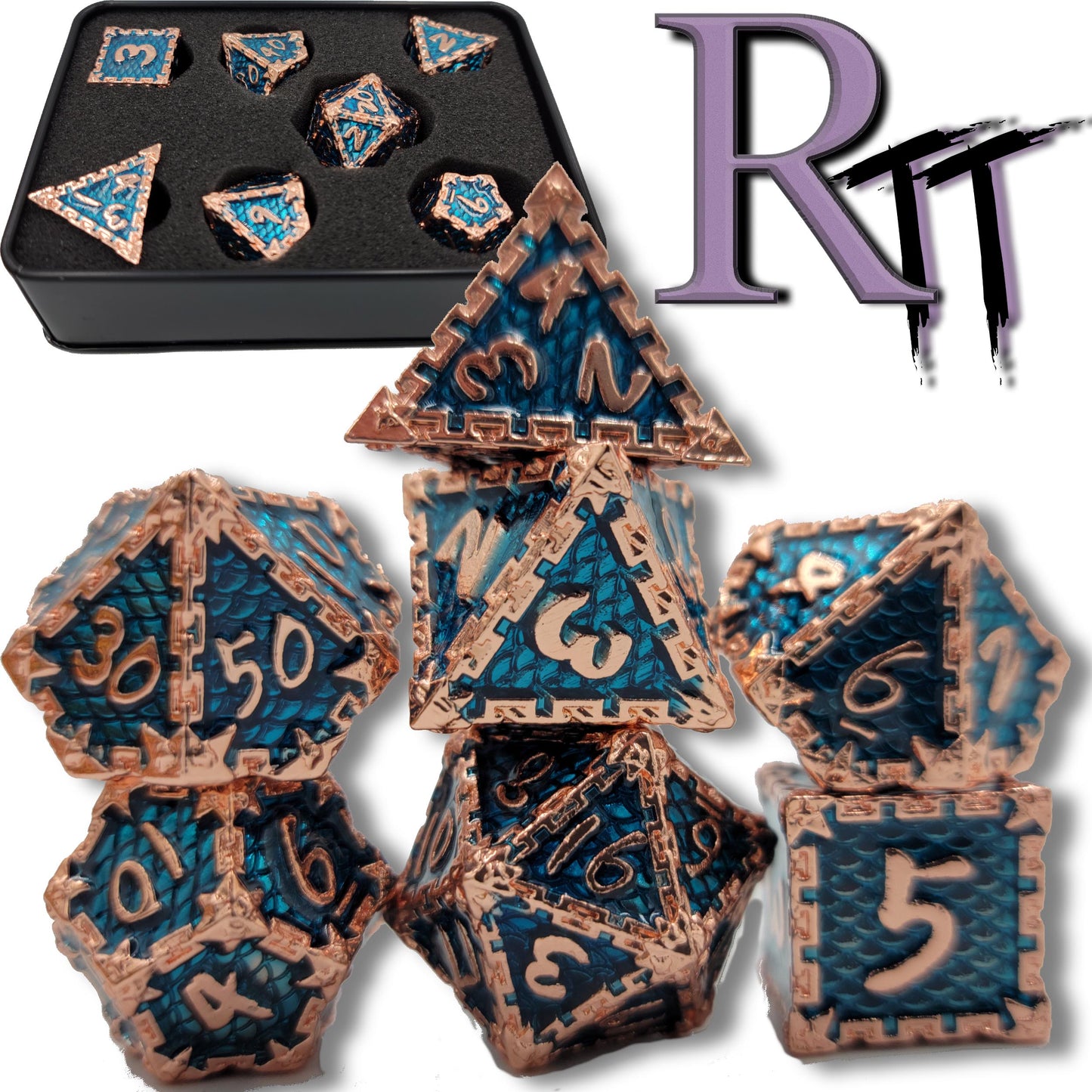 Aqua Blue & Rose Gold Dragon Scale Metal D&D Dice