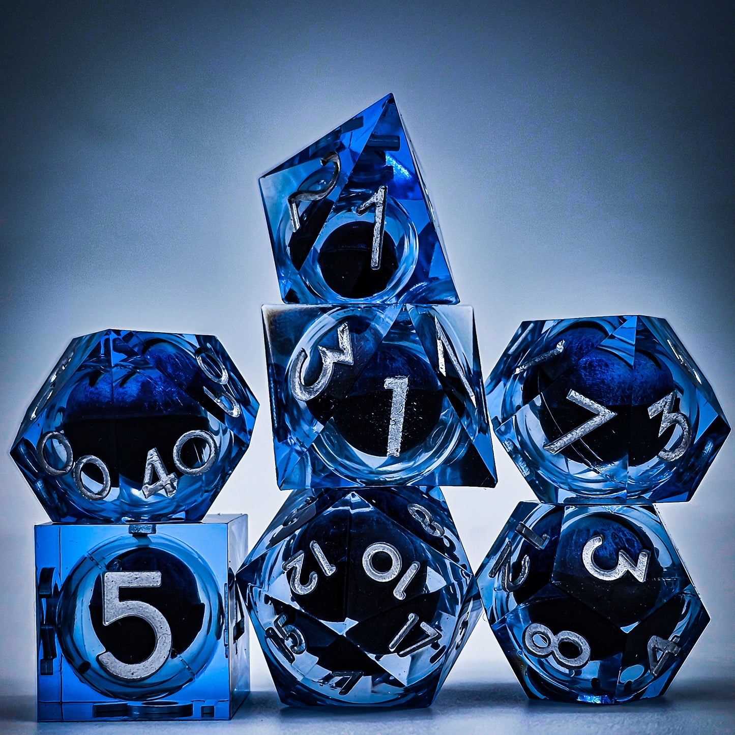 Blue Evil Cat Eye Resin Liquid Core DND Dice Set