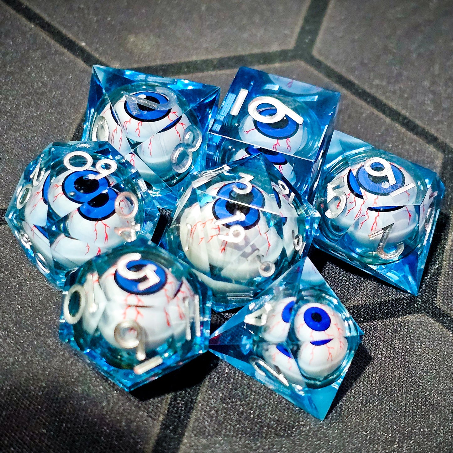 Blue Evil Eye Resin Liquid Core DND Dice Set