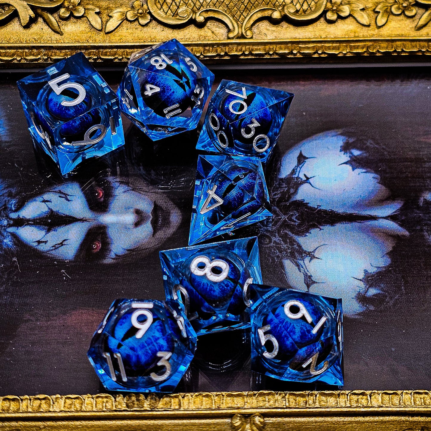 Blue Evil Cat Eye Resin Liquid Core DND Dice Set