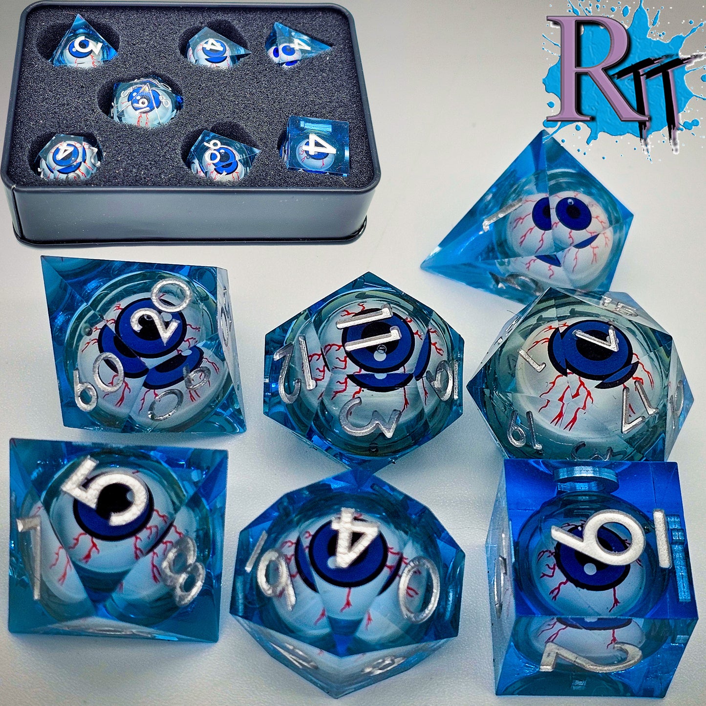 Blue Evil Eye Resin Liquid Core DND Dice Set