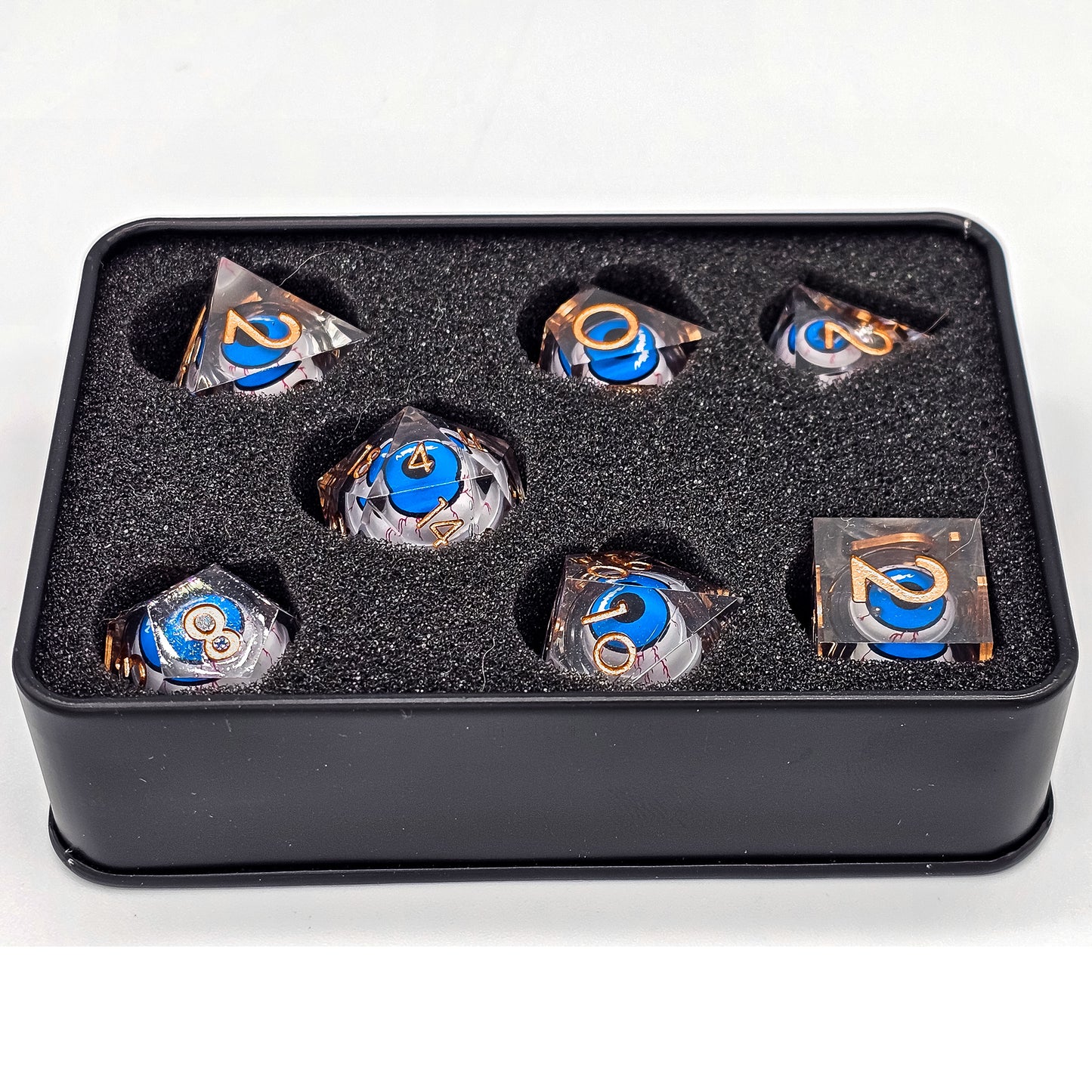 Clear DND Dice Set w/ Blue Evil Eye Resin Liquid Core