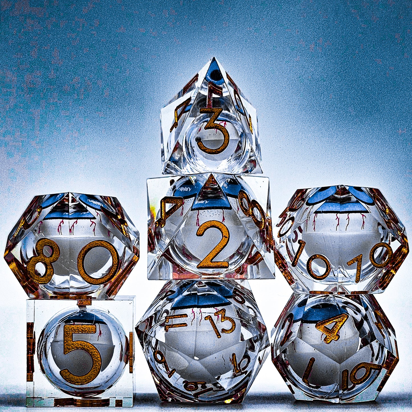 Clear DND Dice Set w/ Blue Evil Eye Resin Liquid Core
