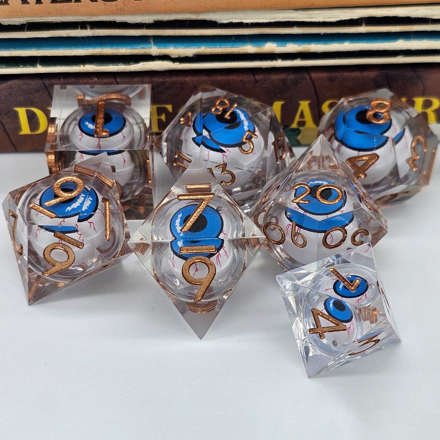 Clear DND Dice Set w/ Blue Evil Eye Resin Liquid Core