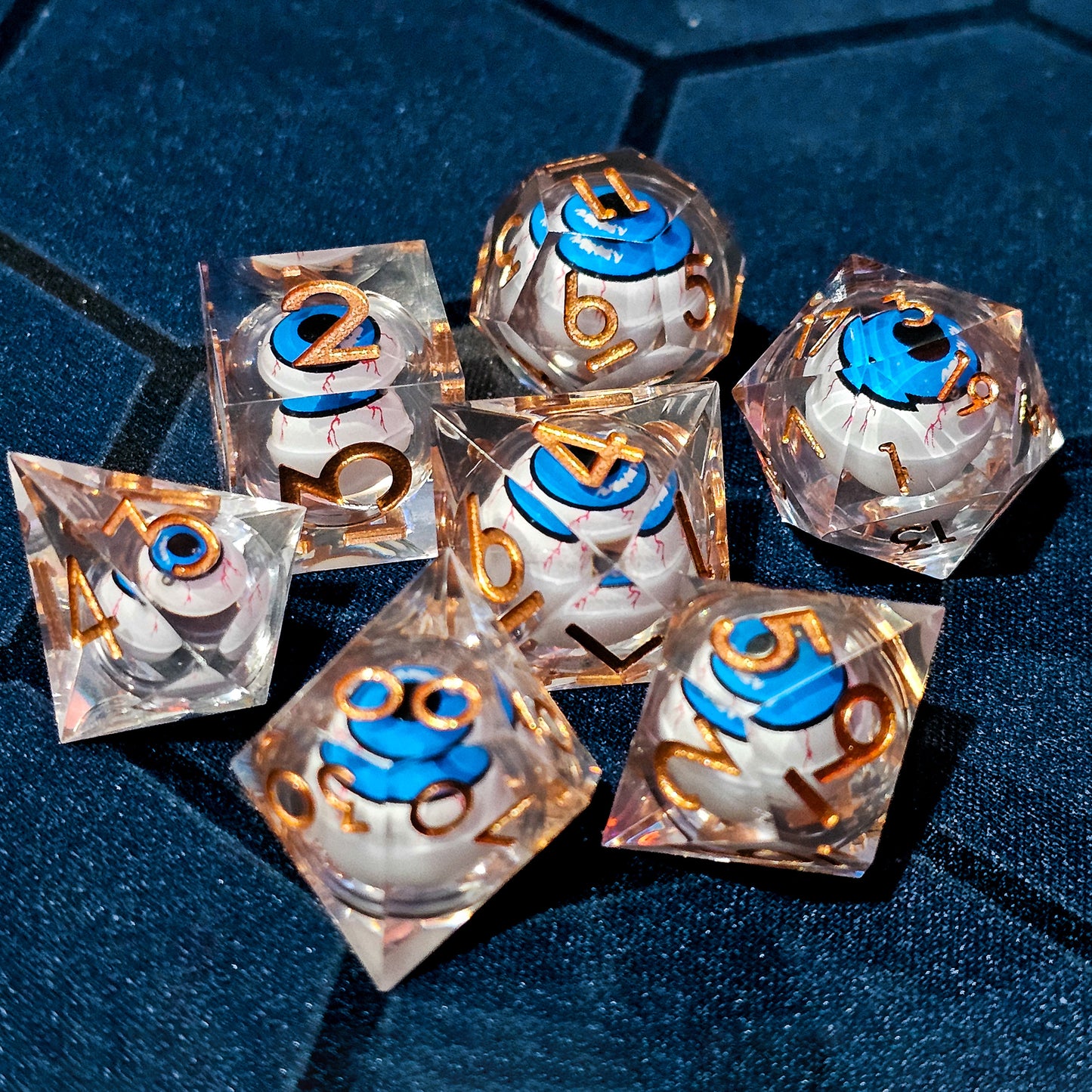 Clear DND Dice Set w/ Blue Evil Eye Resin Liquid Core