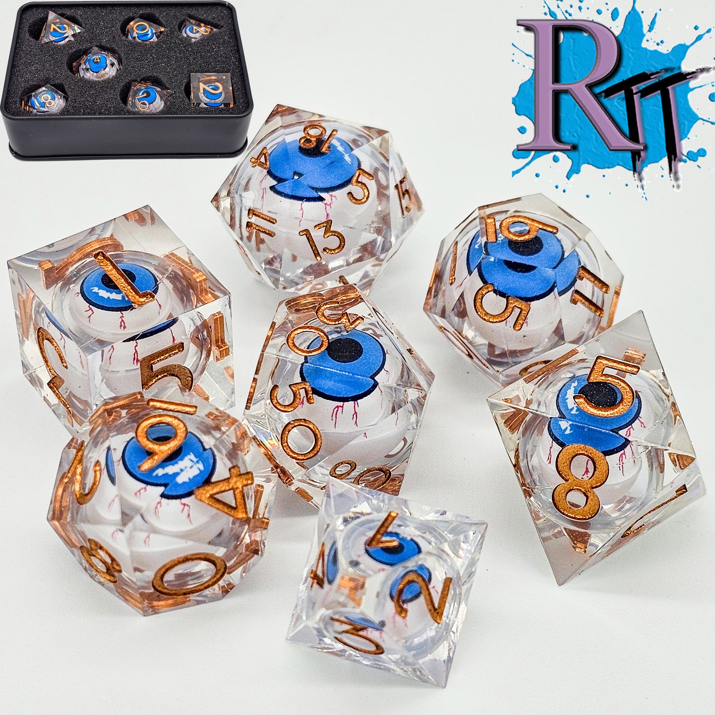 Clear DND Dice Set w/ Blue Evil Eye Resin Liquid Core