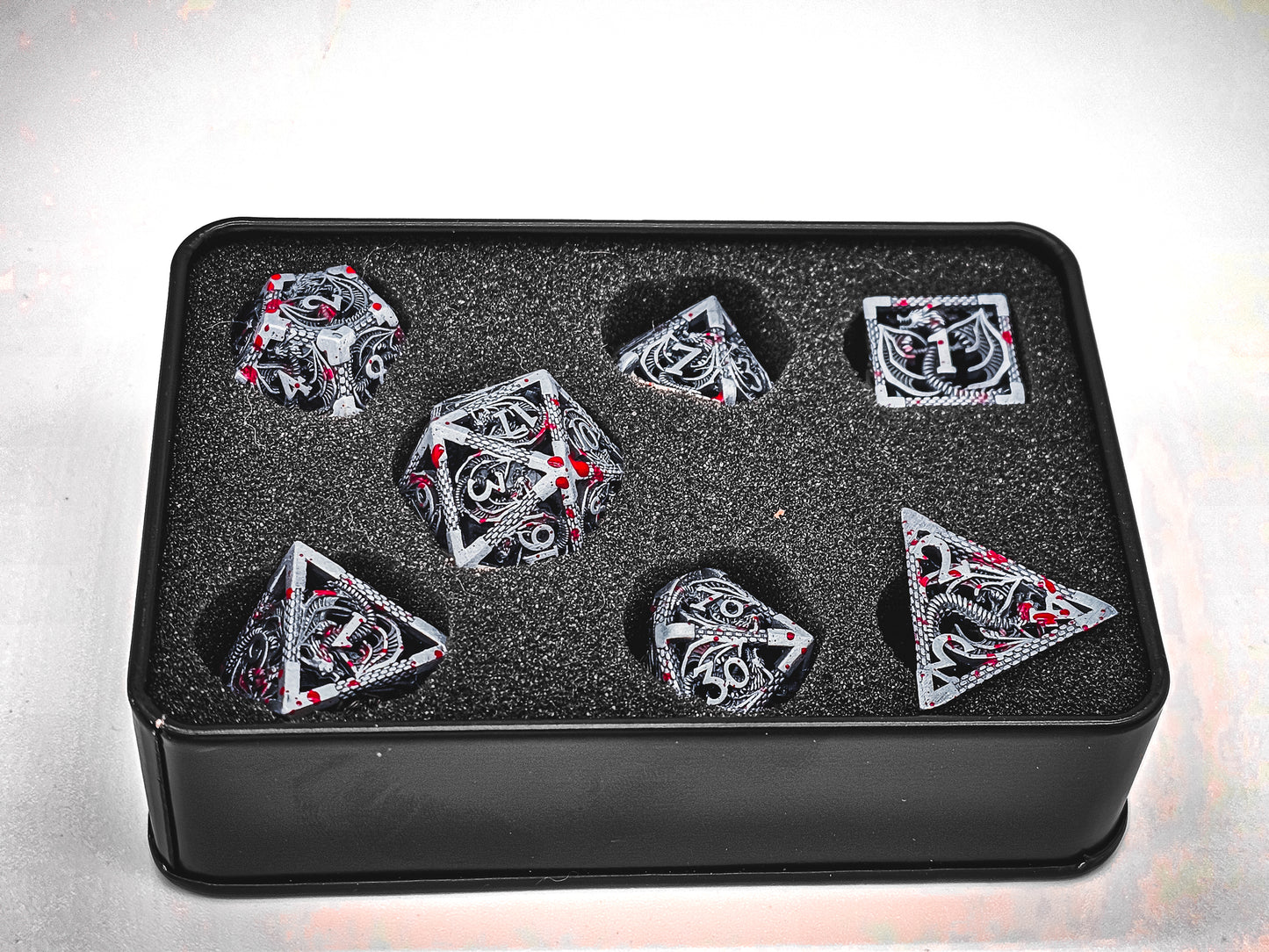 Hollow Metal Grey Blood Splatter Dragon DND Dice Set