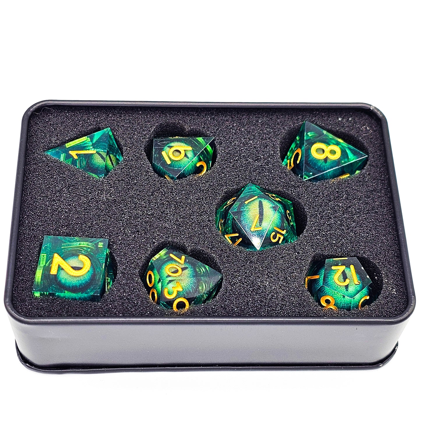 Green Evil Cat Eye Resin Liquid Core DND Dice Set