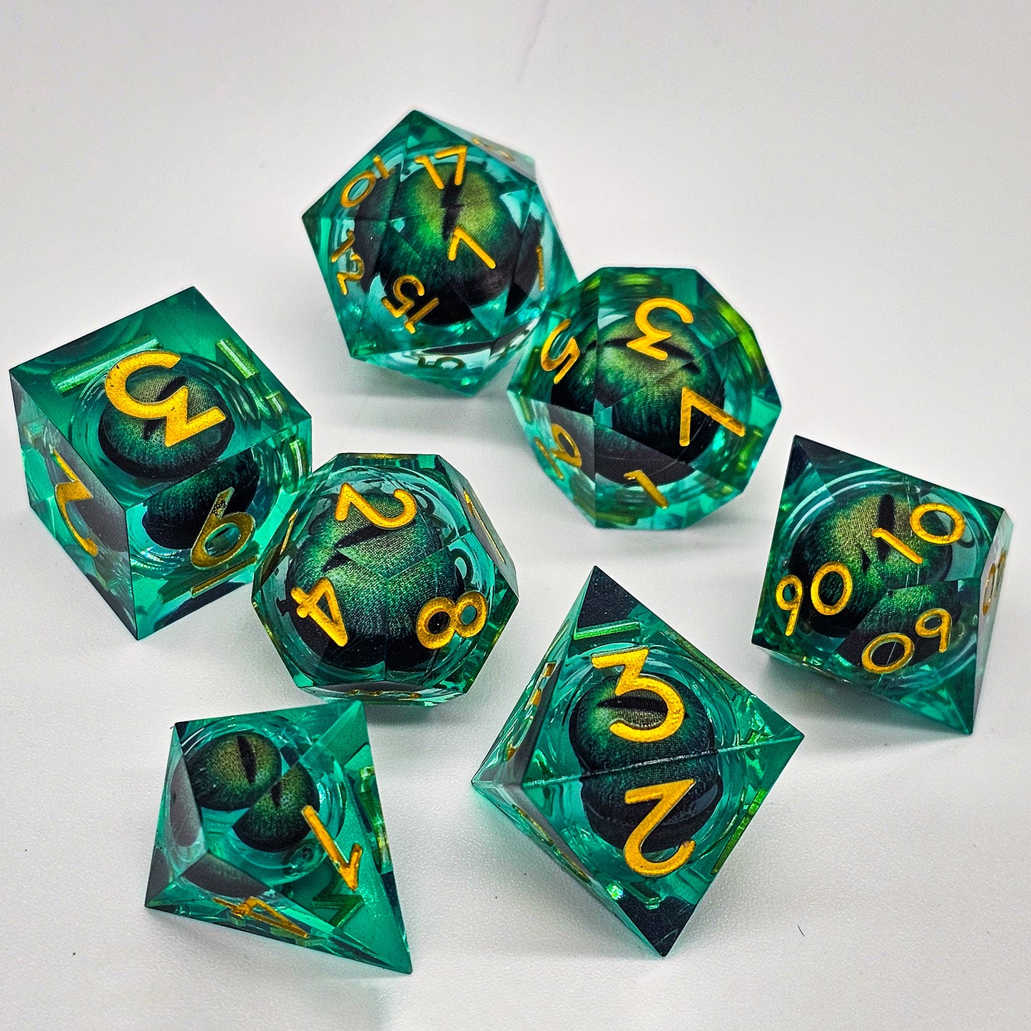 Green Evil Cat Eye Resin Liquid Core DND Dice Set