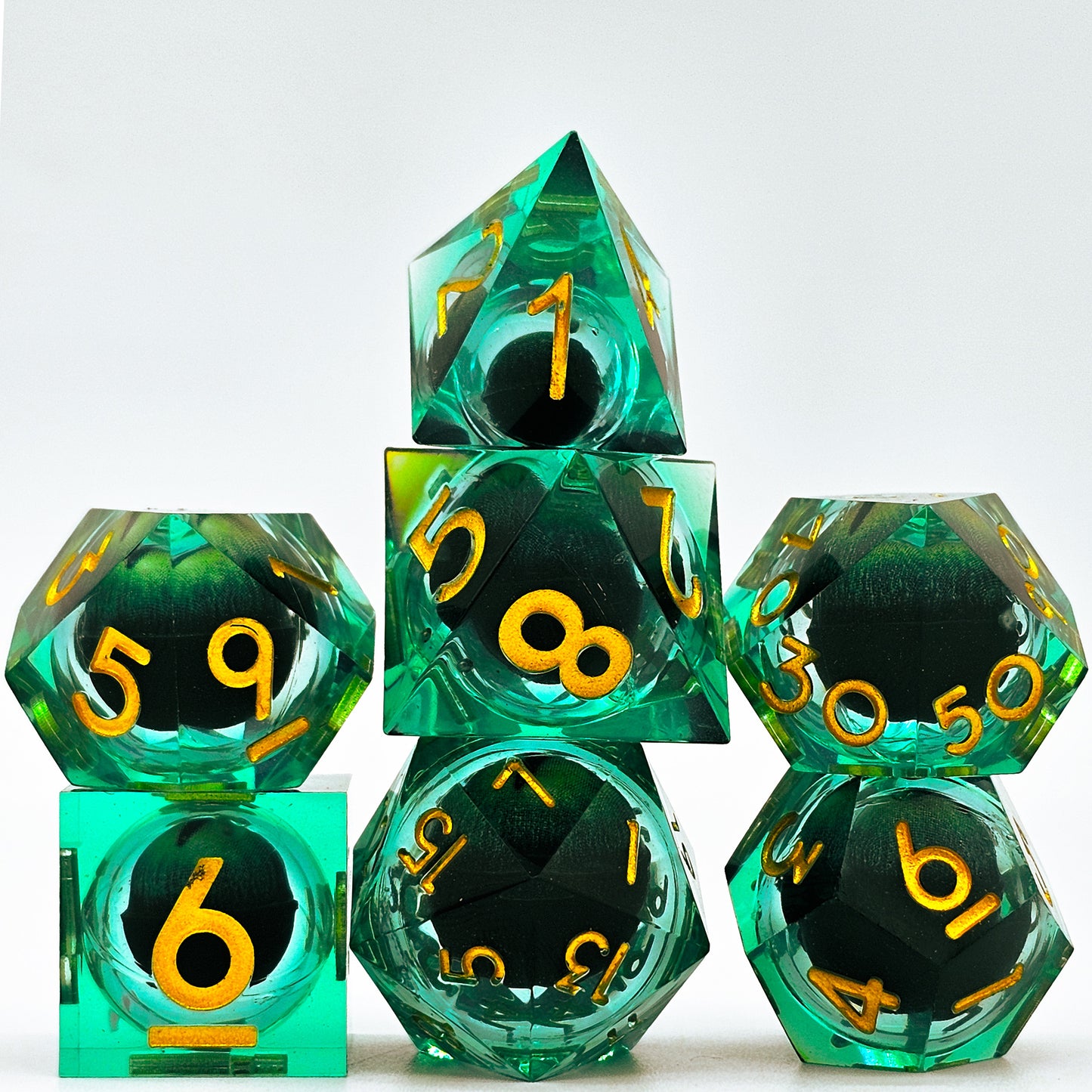 Green Evil Cat Eye Resin Liquid Core DND Dice Set
