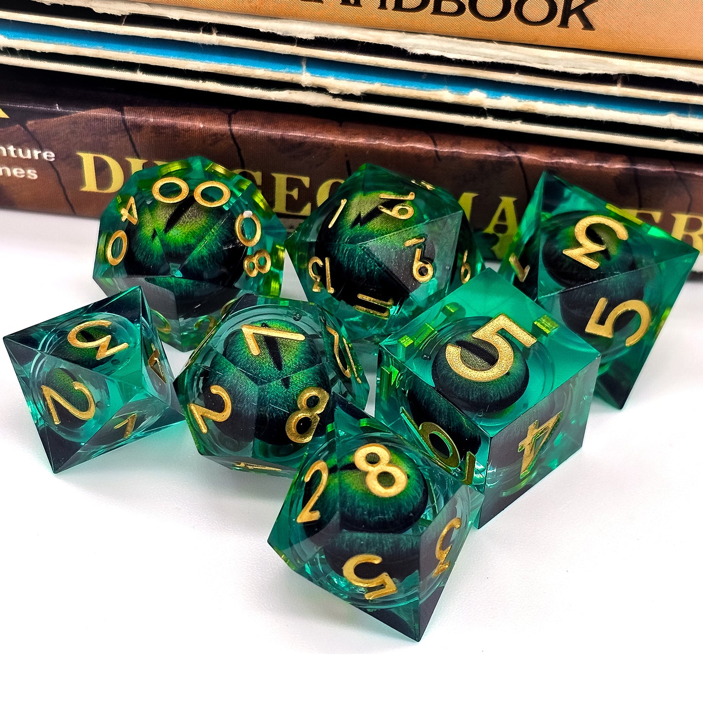 Green Evil Cat Eye Resin Liquid Core DND Dice Set
