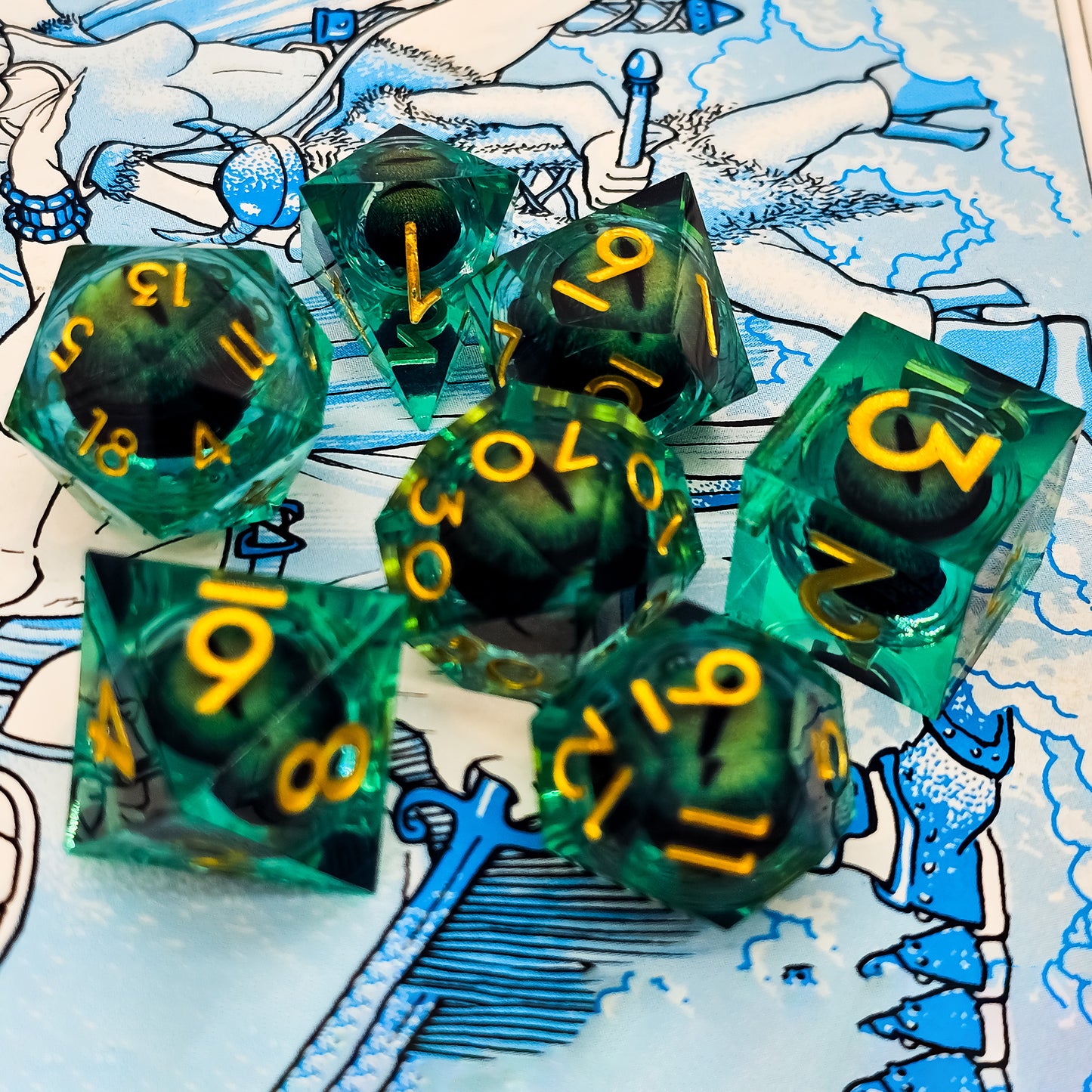 Green Evil Cat Eye Resin Liquid Core DND Dice Set