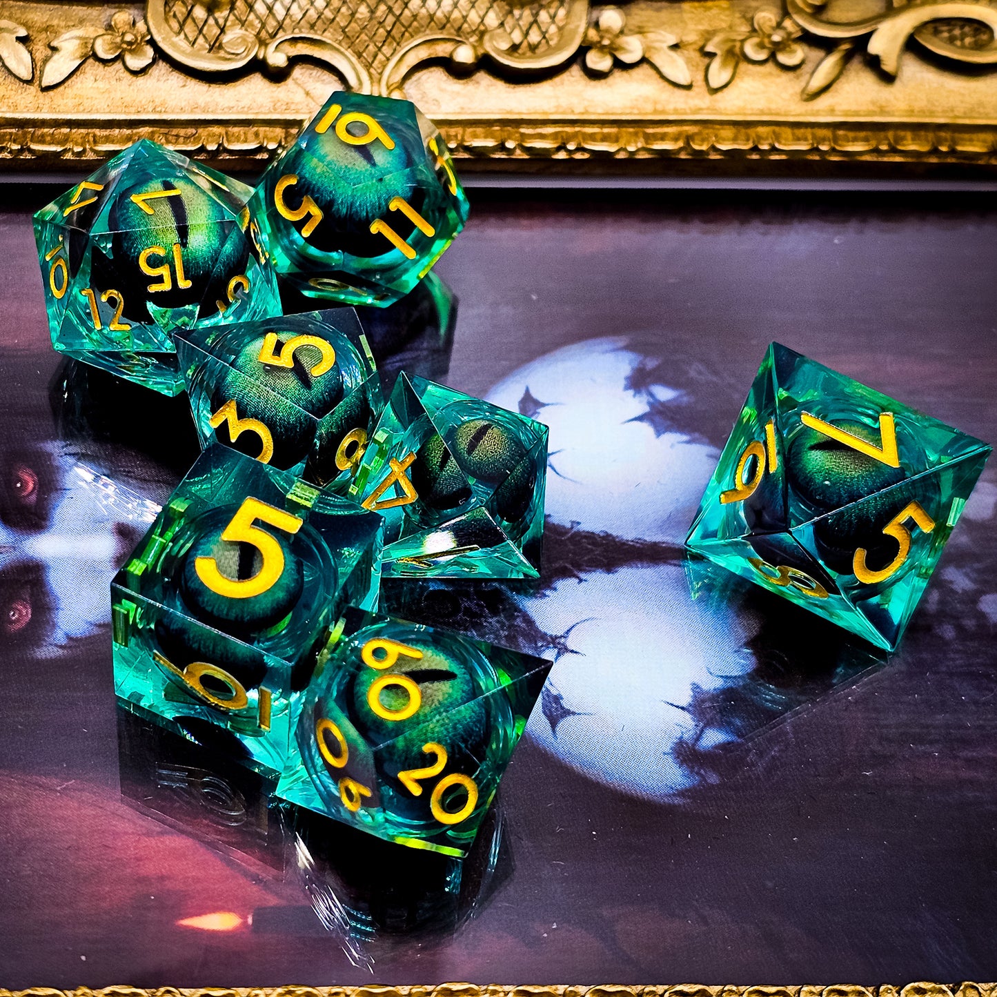 Green Evil Cat Eye Resin Liquid Core DND Dice Set