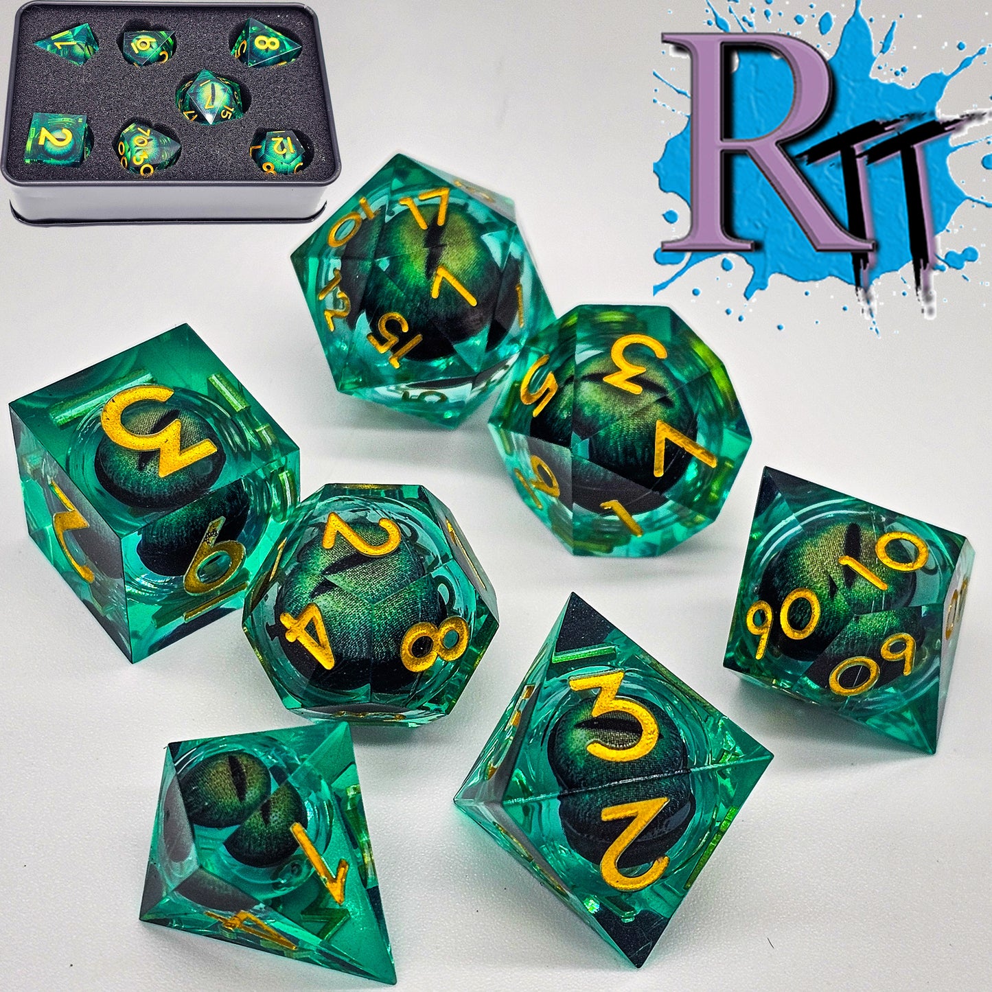 Green Evil Cat Eye Resin Liquid Core DND Dice Set