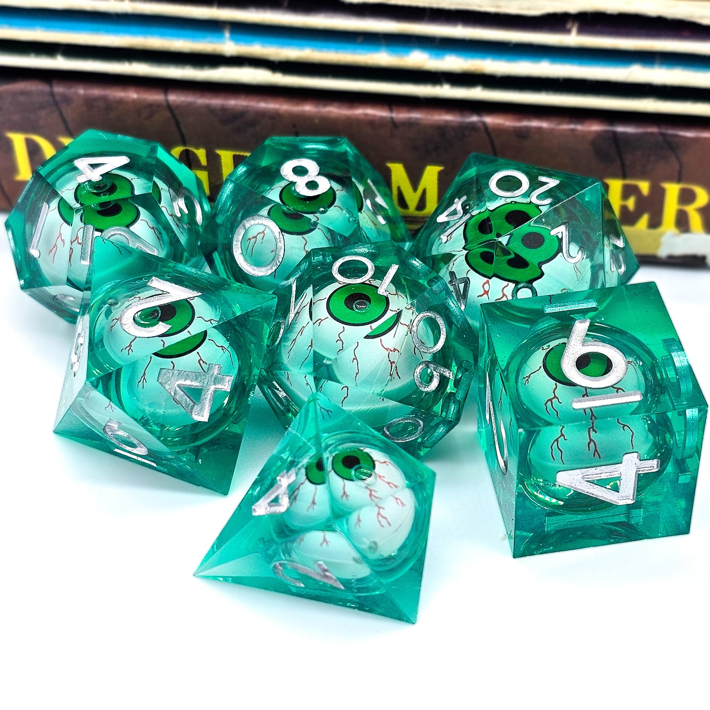 Green Evil Eye Resin Liquid Core DND Dice Set