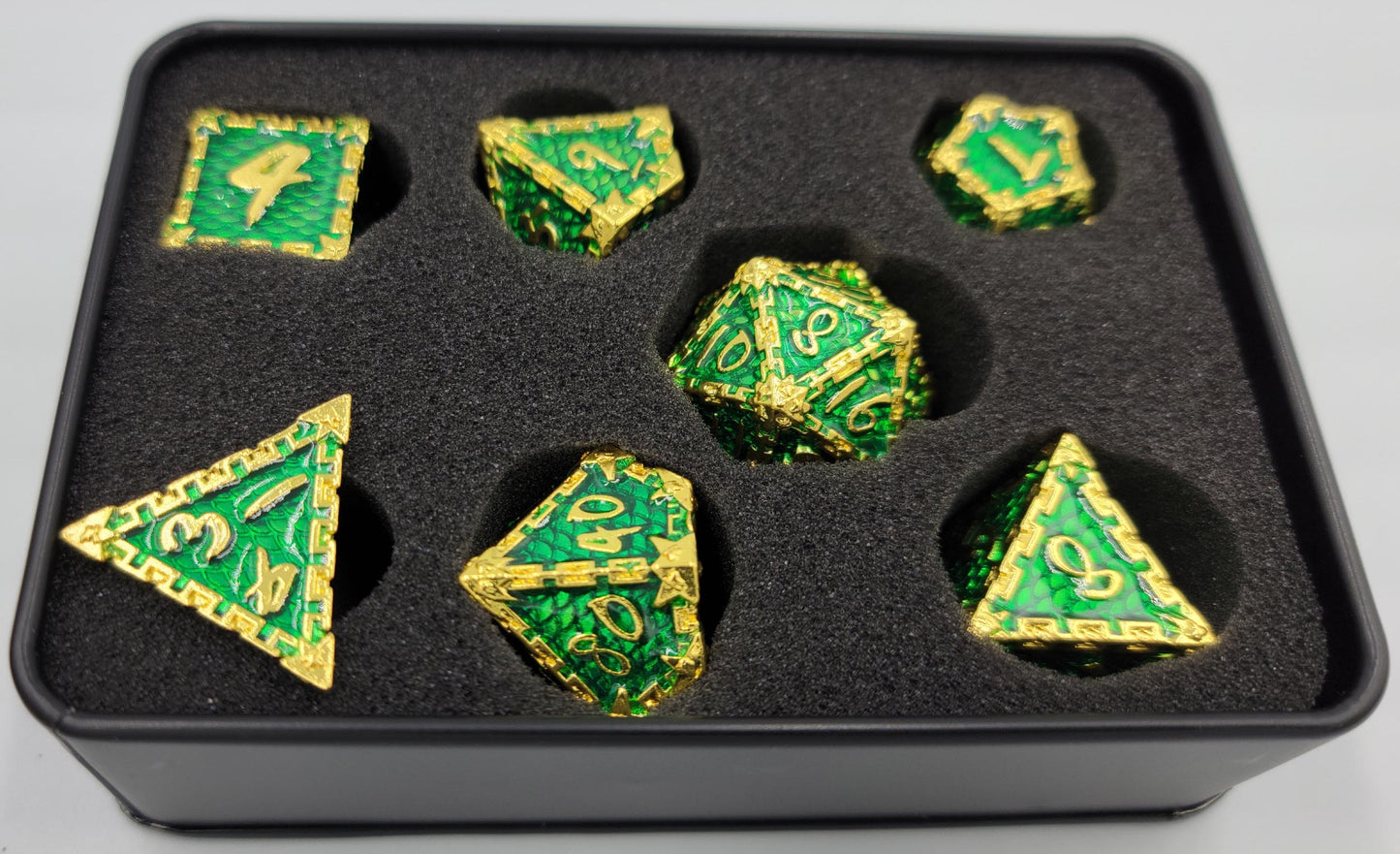 Green & Gold Dragon Scale Metal 7 Piece D&D Dice Set + Metal Box