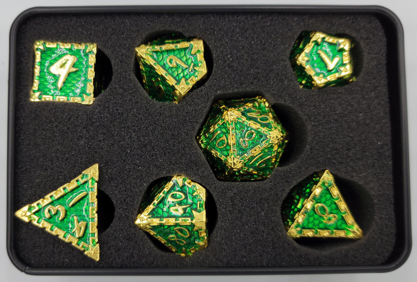Green & Gold Dragon Scale Metal 7 Piece D&D Dice Set + Metal Box