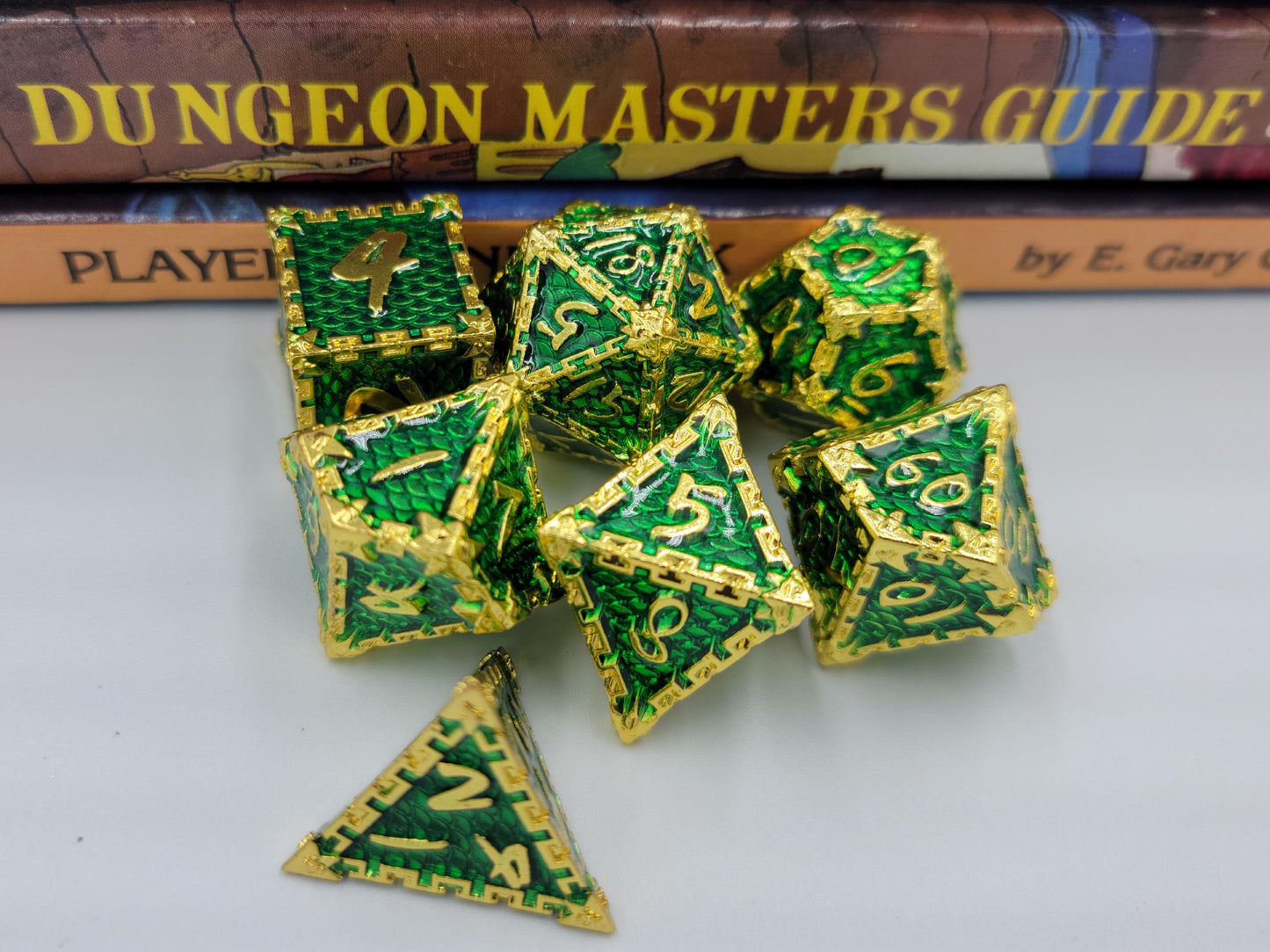 Green & Gold Dragon Scale Metal 7 Piece D&D Dice Set + Metal Box
