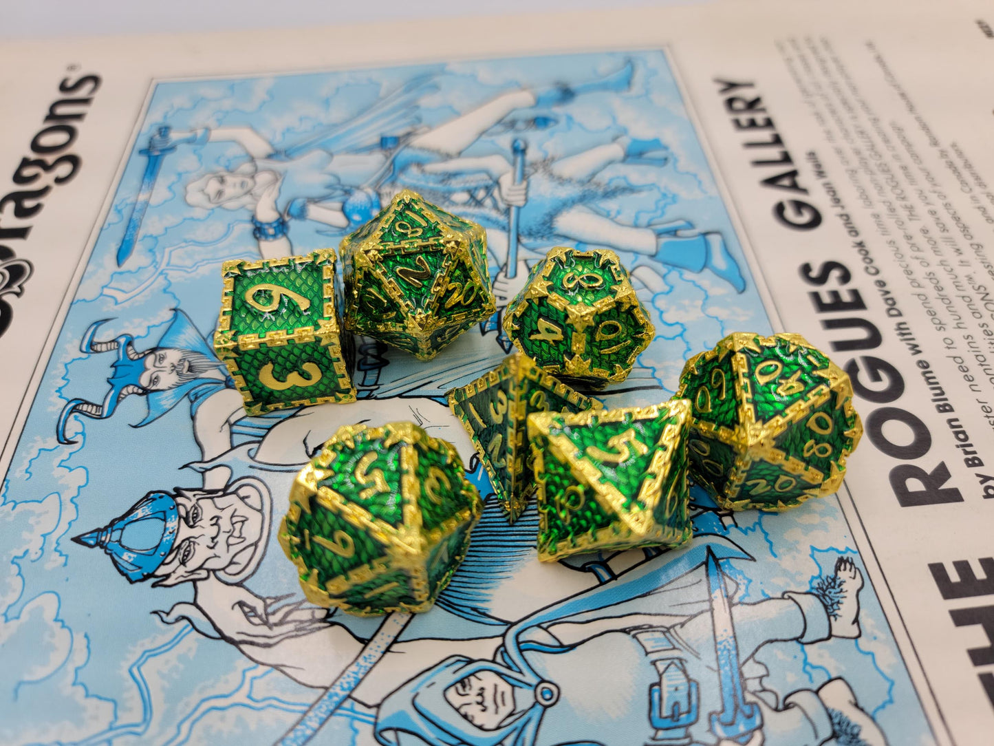 Green & Gold Dragon Scale Metal 7 Piece D&D Dice Set + Metal Box