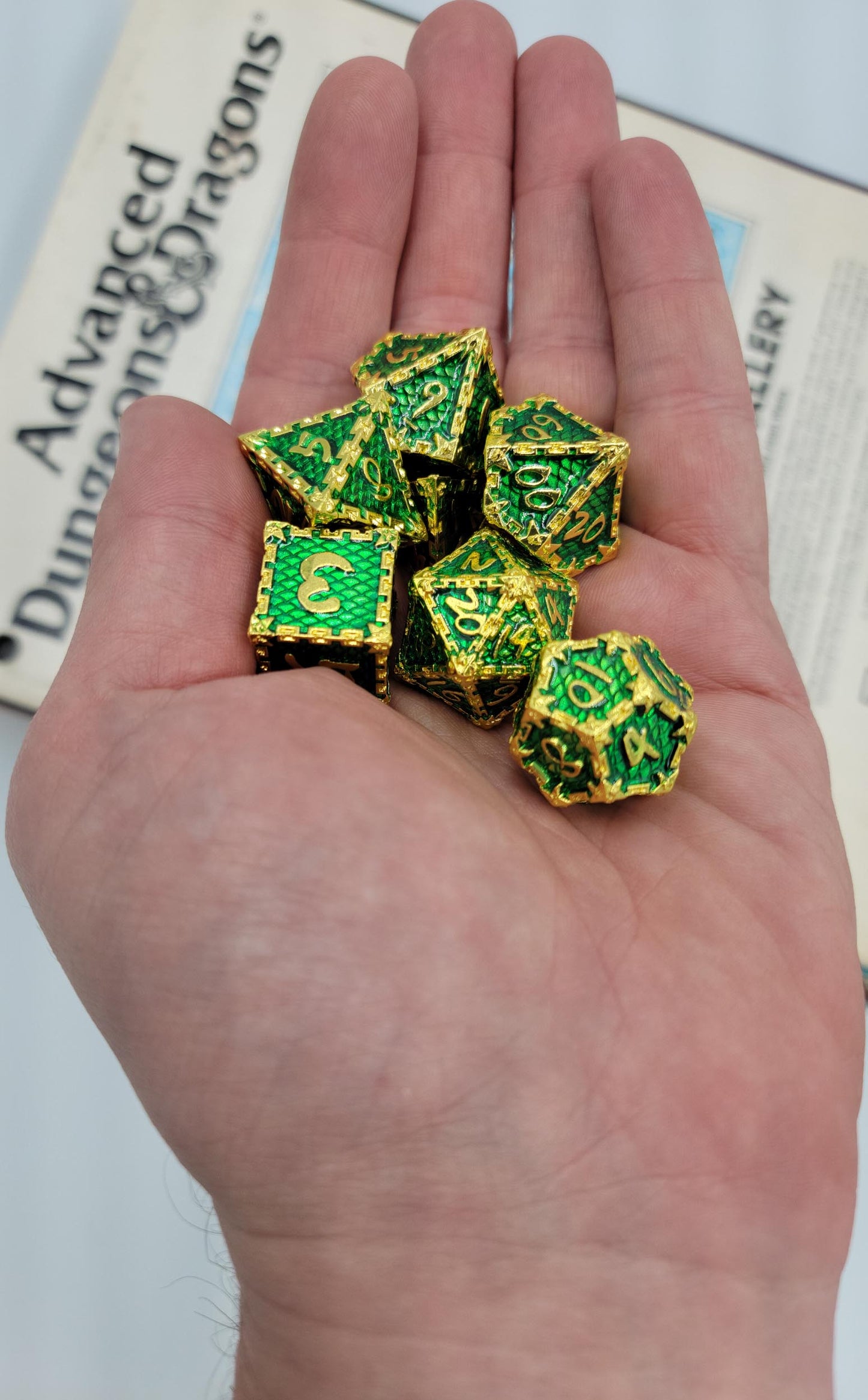 Green & Gold Dragon Scale Metal 7 Piece D&D Dice Set + Metal Box