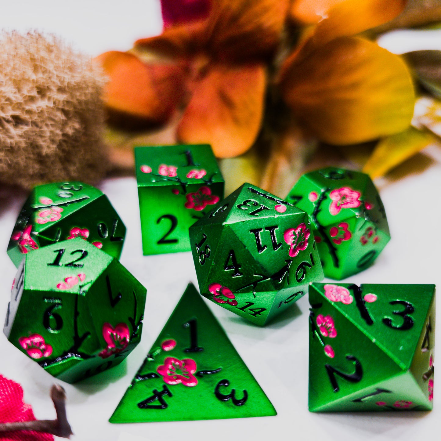 Solid Metal Green Plum Blossom DND Dice Set