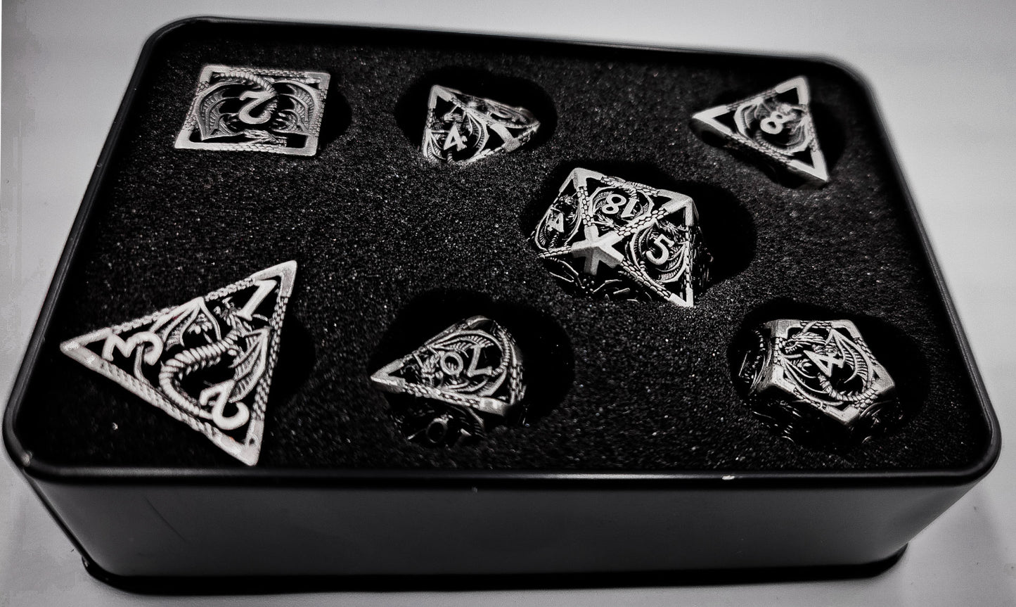 Hollow Metal Grey Dragon DND Dice Set