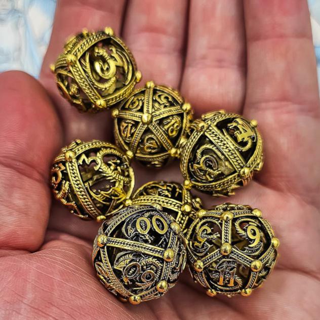 Shiny Gold Hollow Metal Dragon Orb Dice