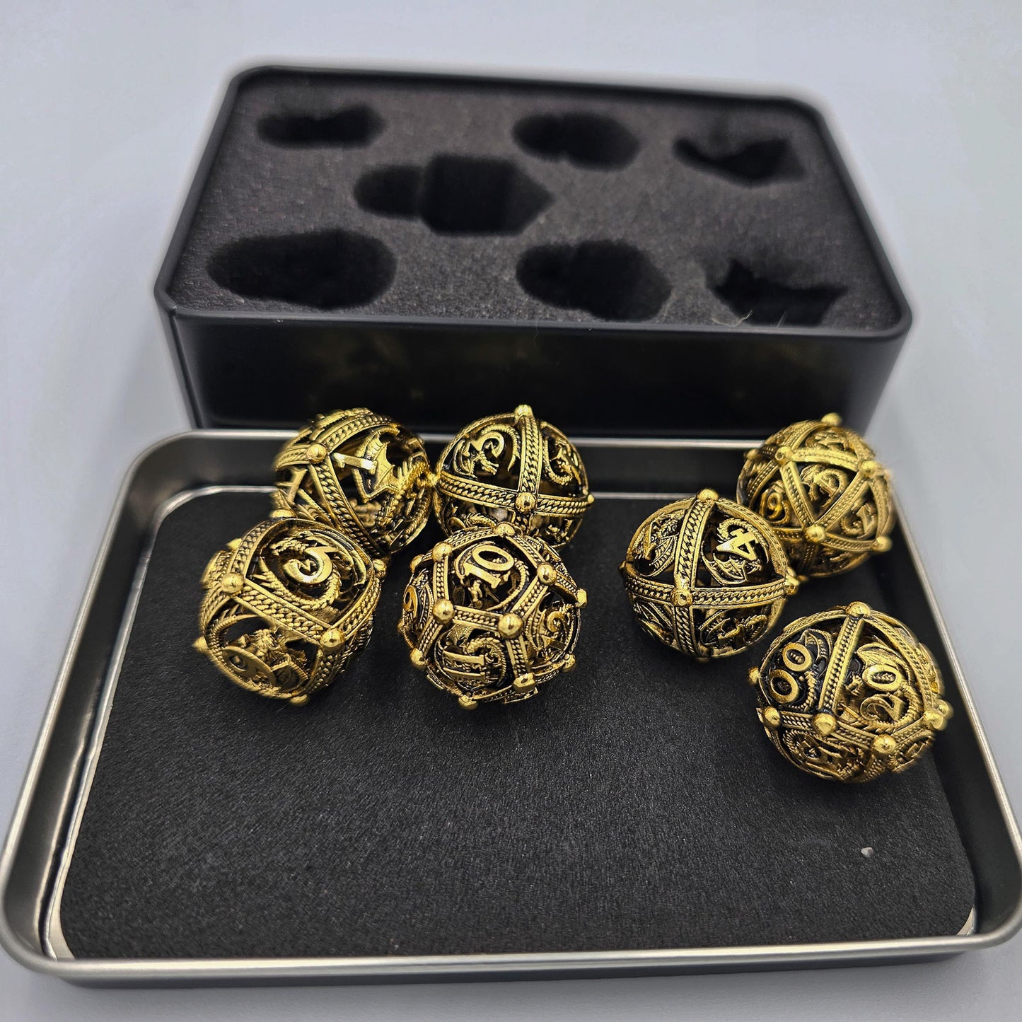 Shiny Gold Hollow Metal Dragon Orb Dice