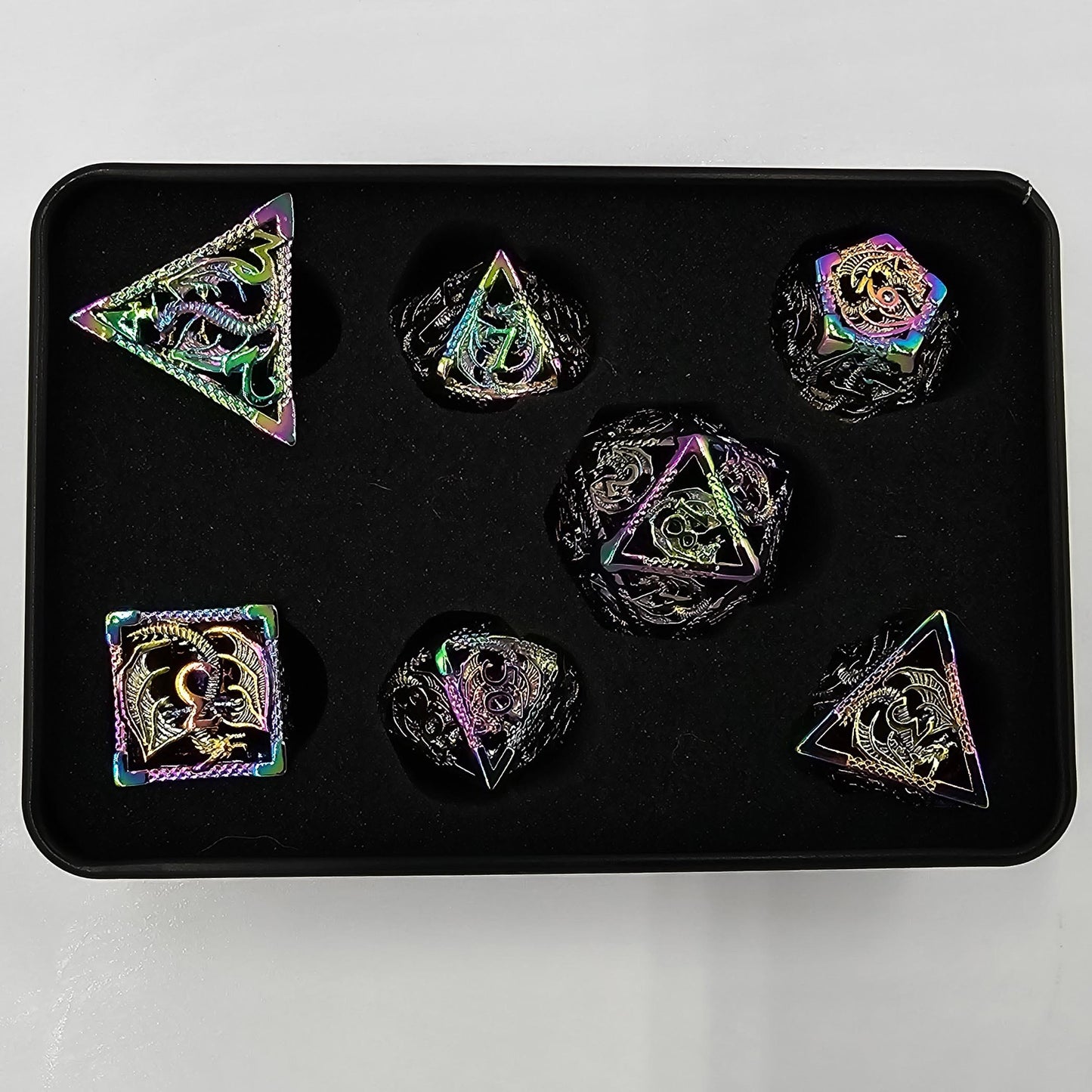 Hollow Metal Rainbow Dragon DND Dice Set