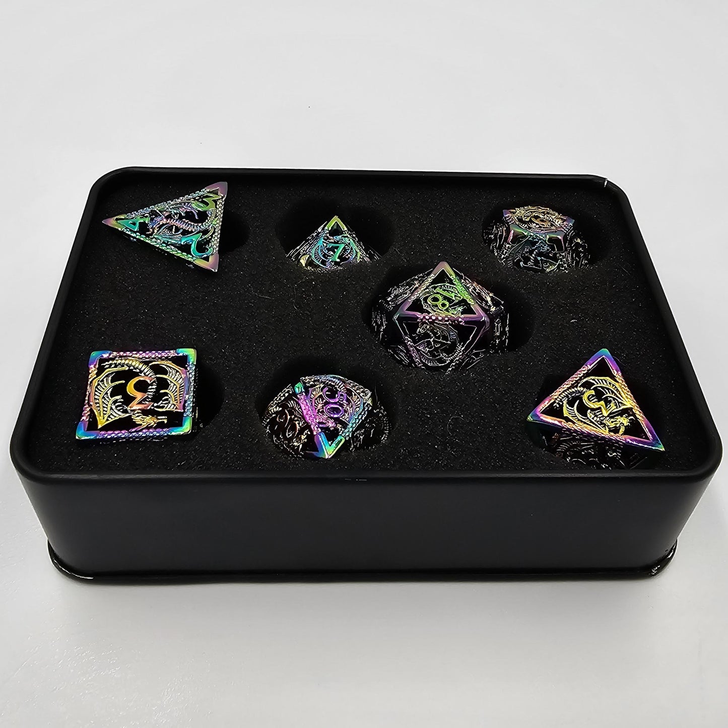 Hollow Metal Rainbow Dragon DND Dice Set