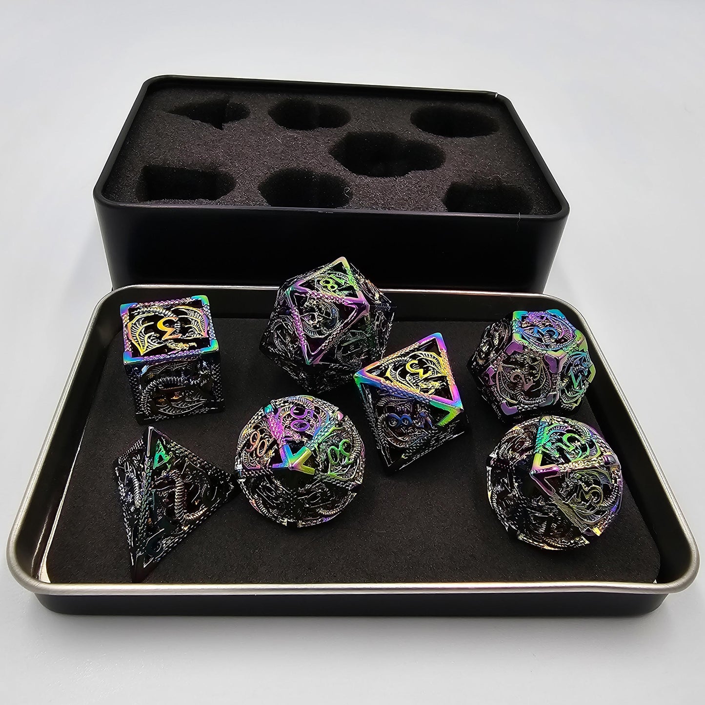 Hollow Metal Rainbow Dragon DND Dice Set