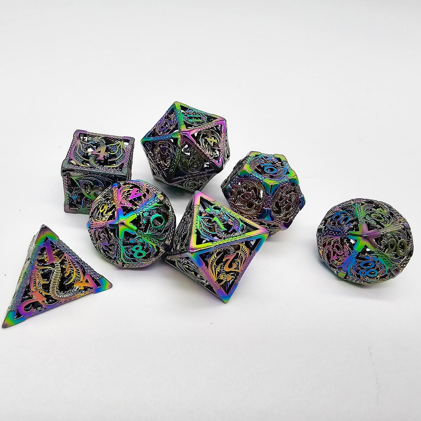 Hollow Metal Rainbow Dragon DND Dice Set