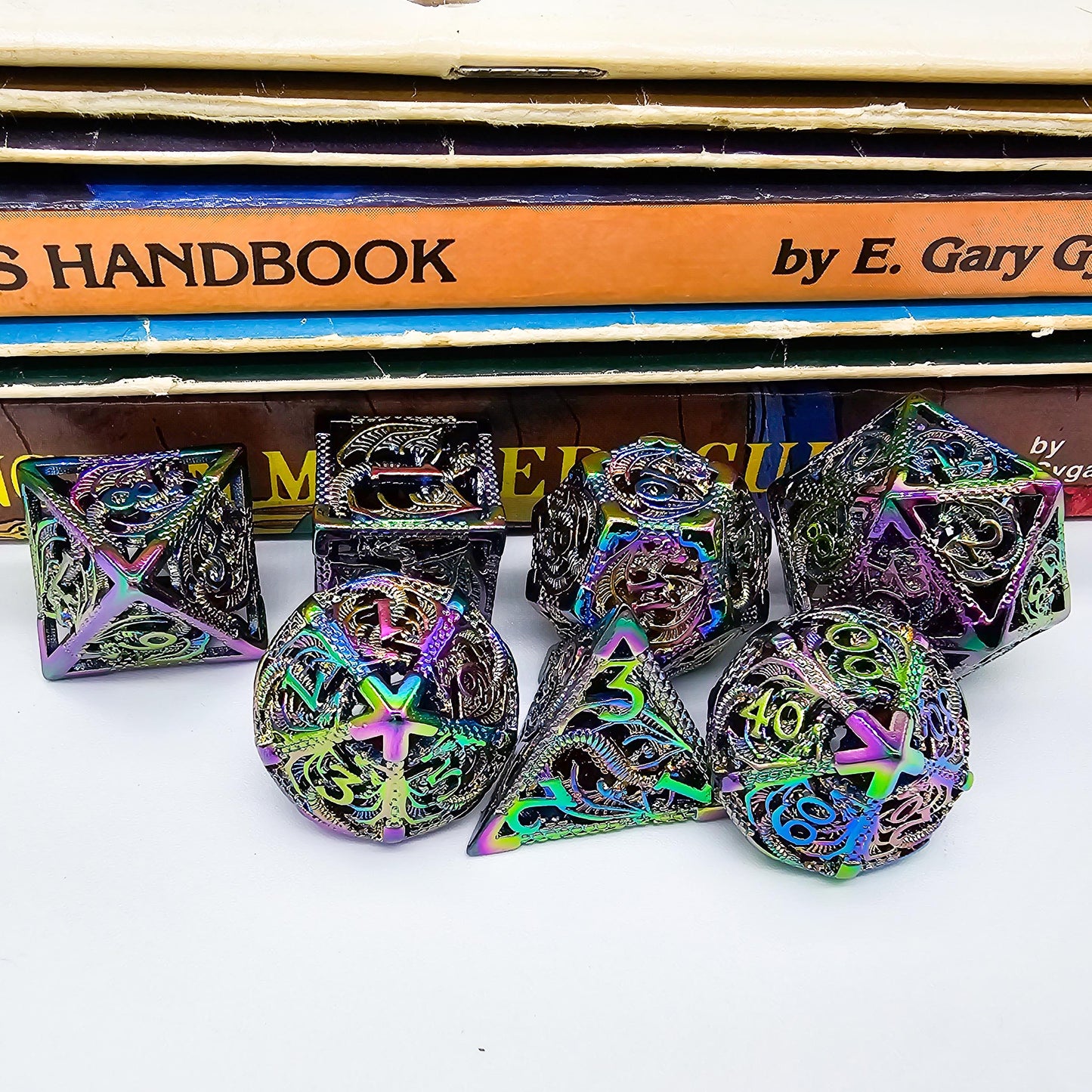 Hollow Metal Rainbow Dragon DND Dice Set