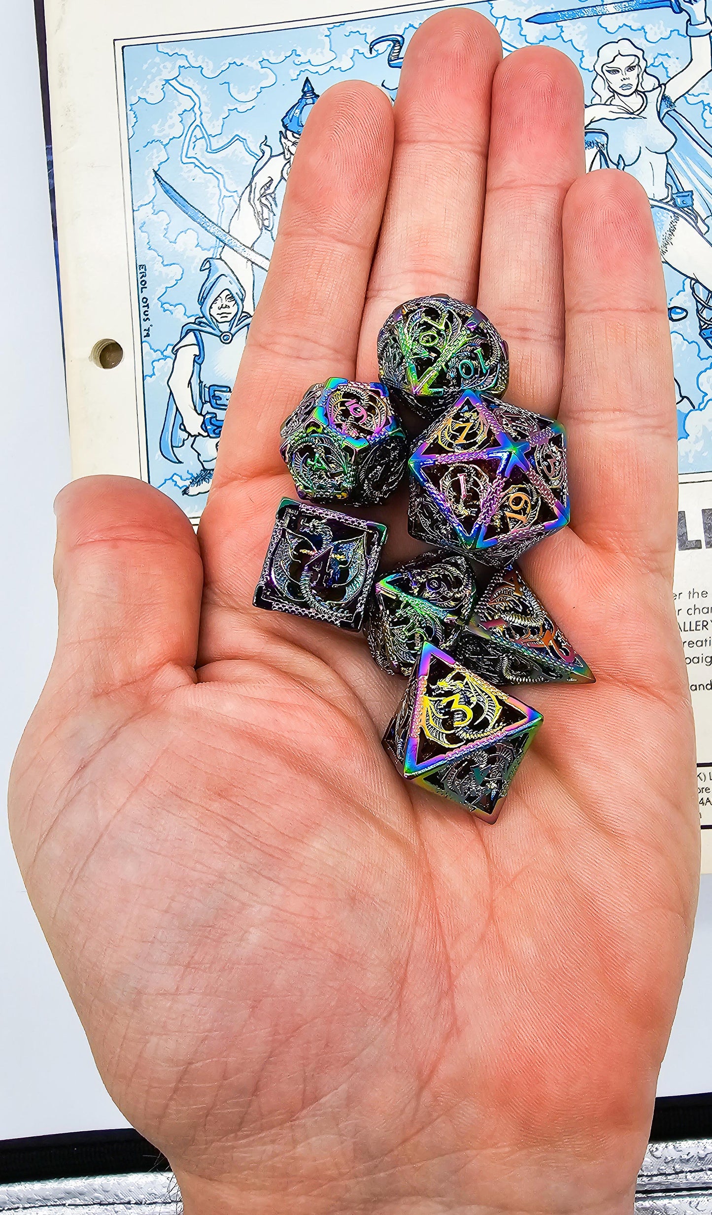 Hollow Metal Rainbow Dragon DND Dice Set