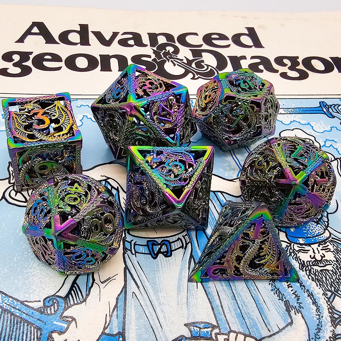 Hollow Metal Rainbow Dragon DND Dice Set