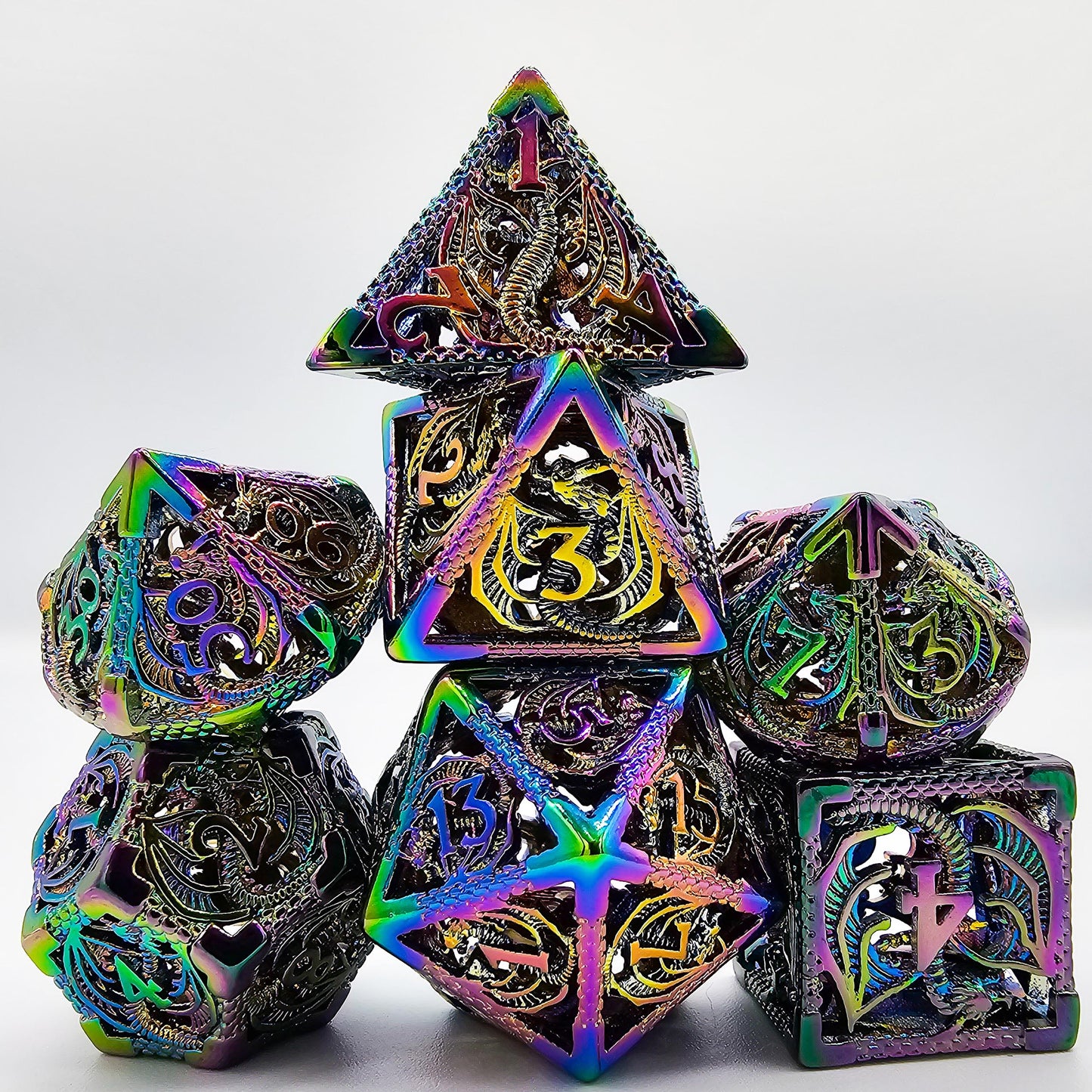 Hollow Metal Rainbow Dragon DND Dice Set