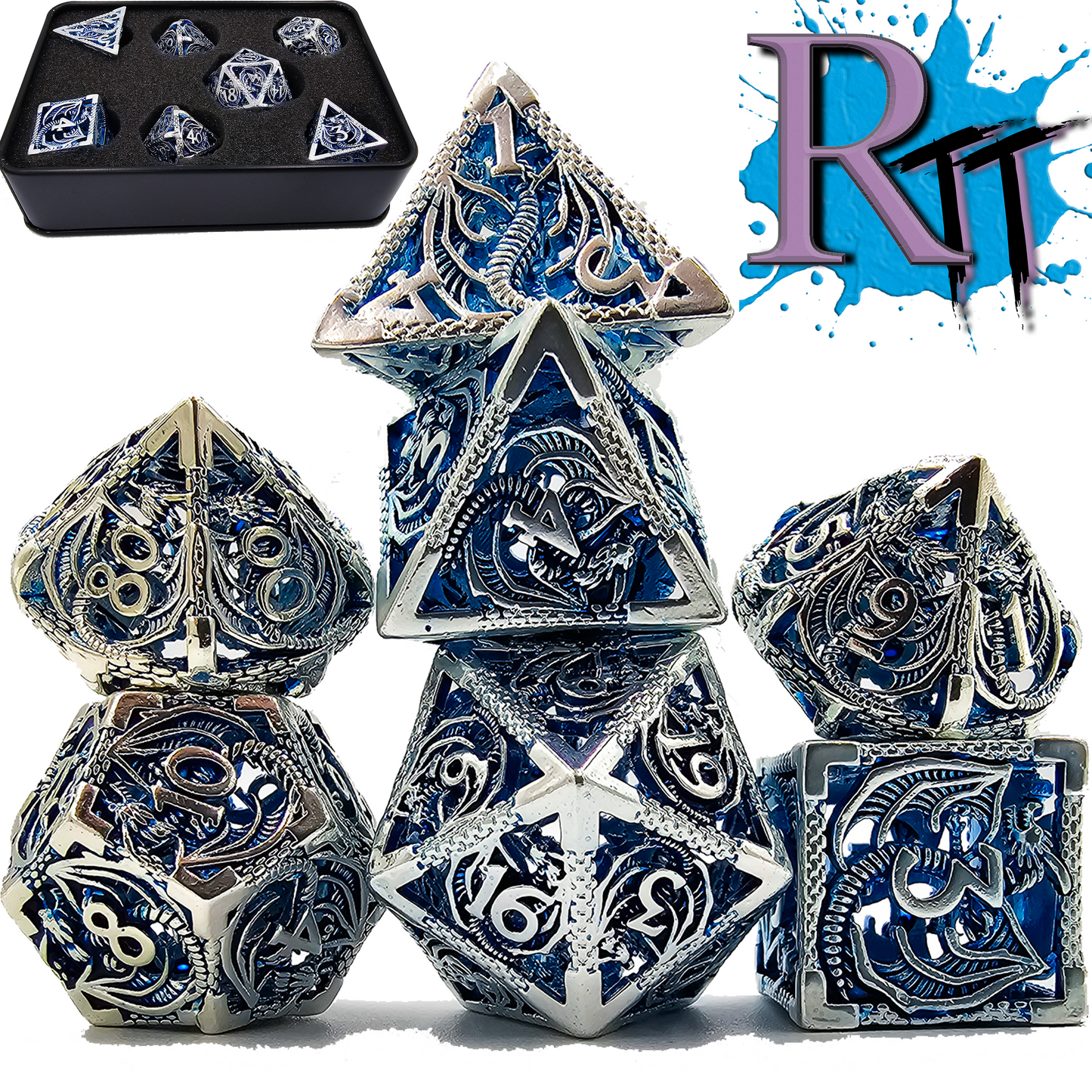 Hollow Metal Blue & Silver Dragon DND Dice Set