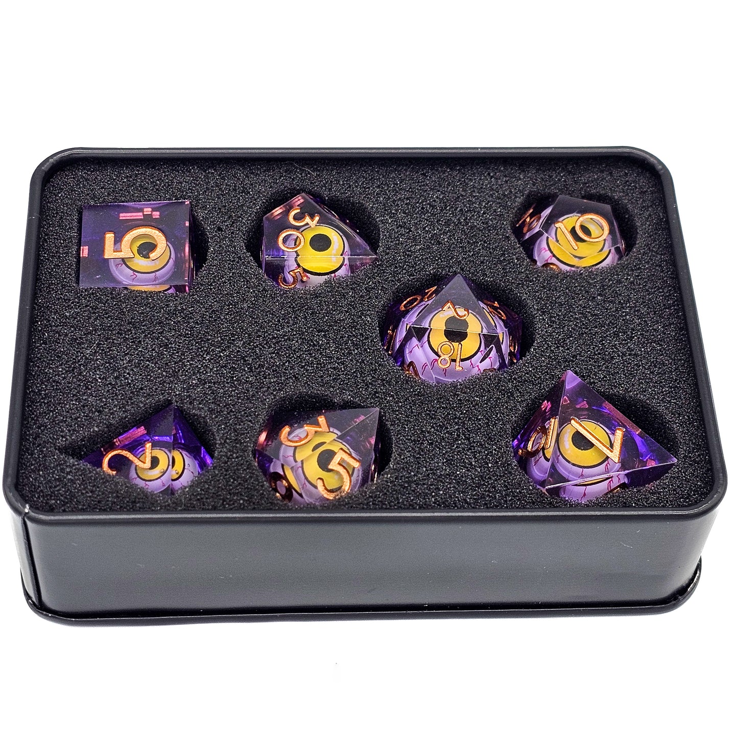 Purple DND Dice Set w/ Yellow Evil Eye Resin Liquid Core