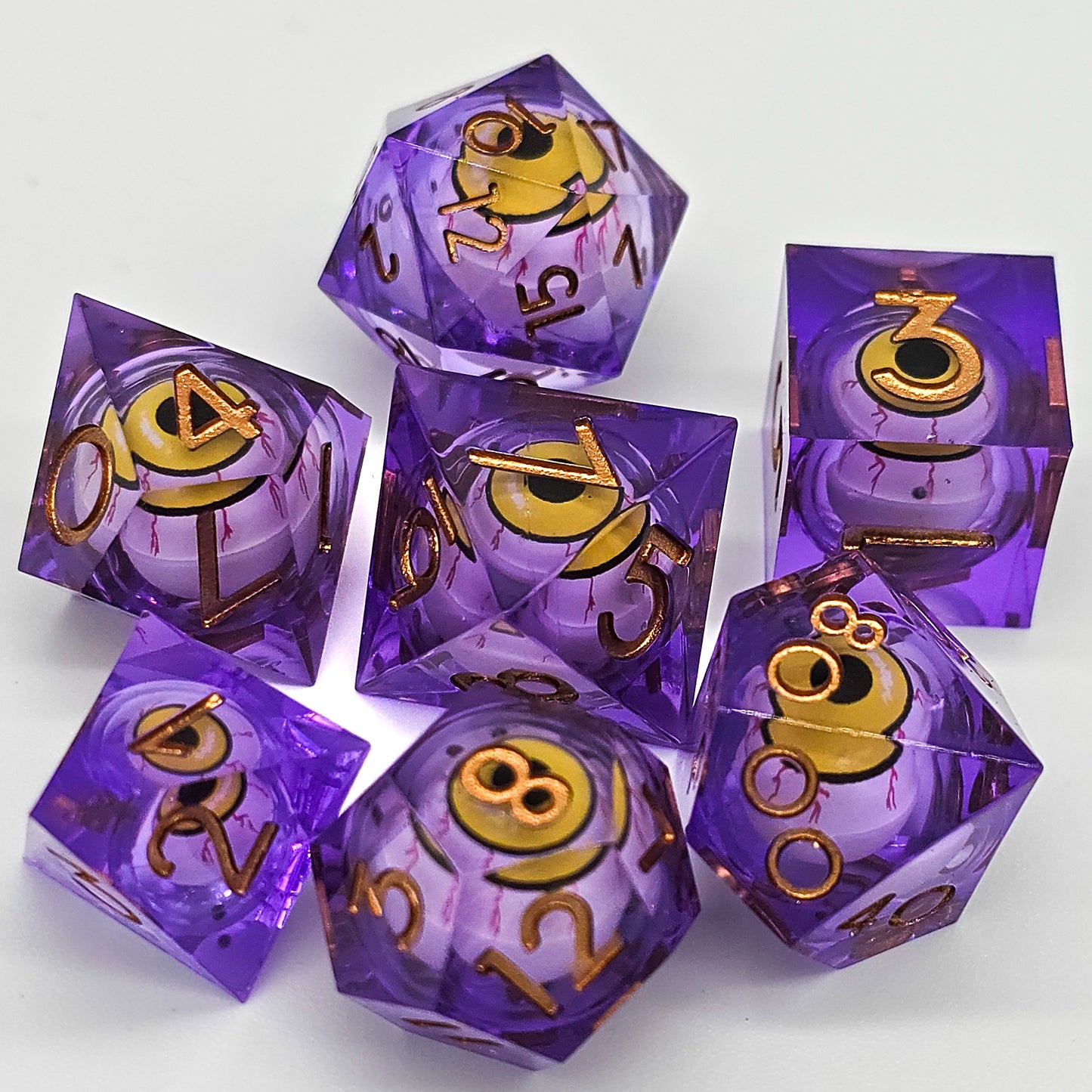 Purple DND Dice Set w/ Yellow Evil Eye Resin Liquid Core