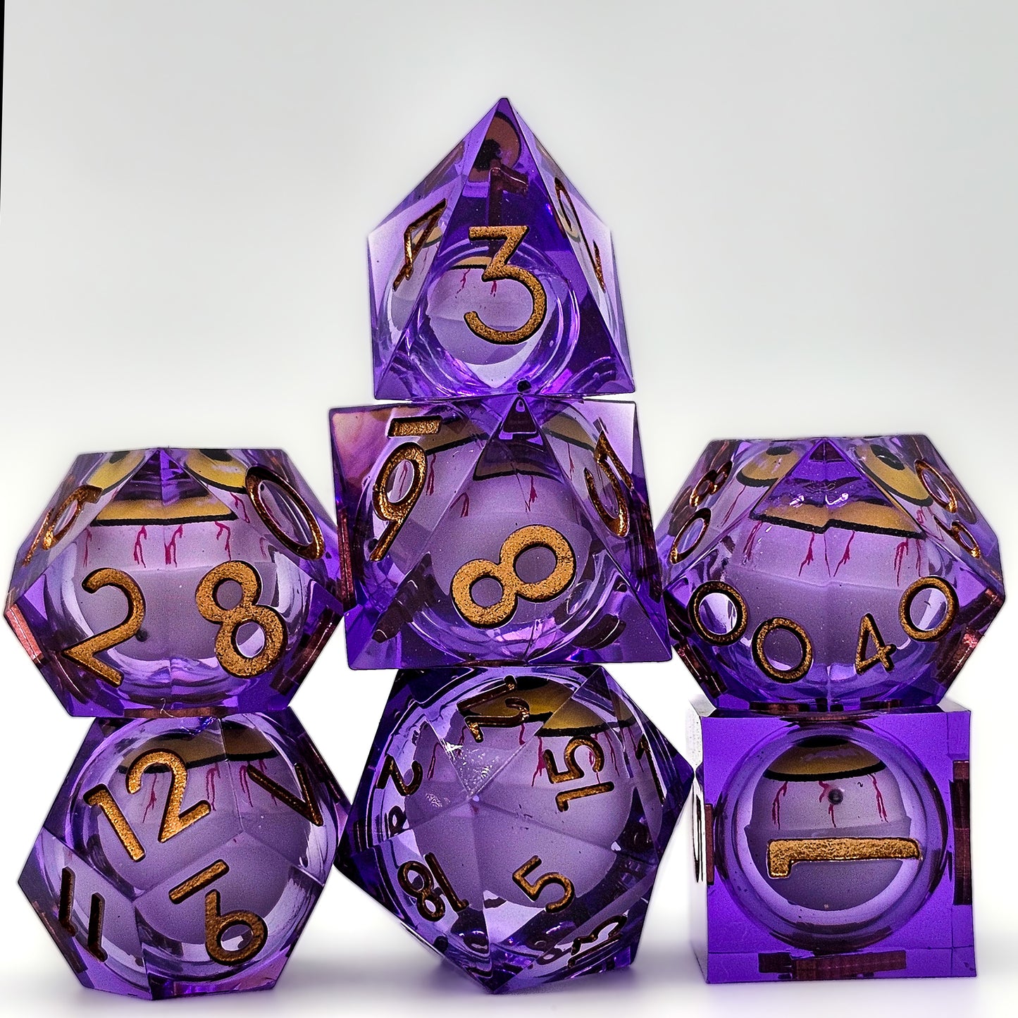 Purple DND Dice Set w/ Yellow Evil Eye Resin Liquid Core