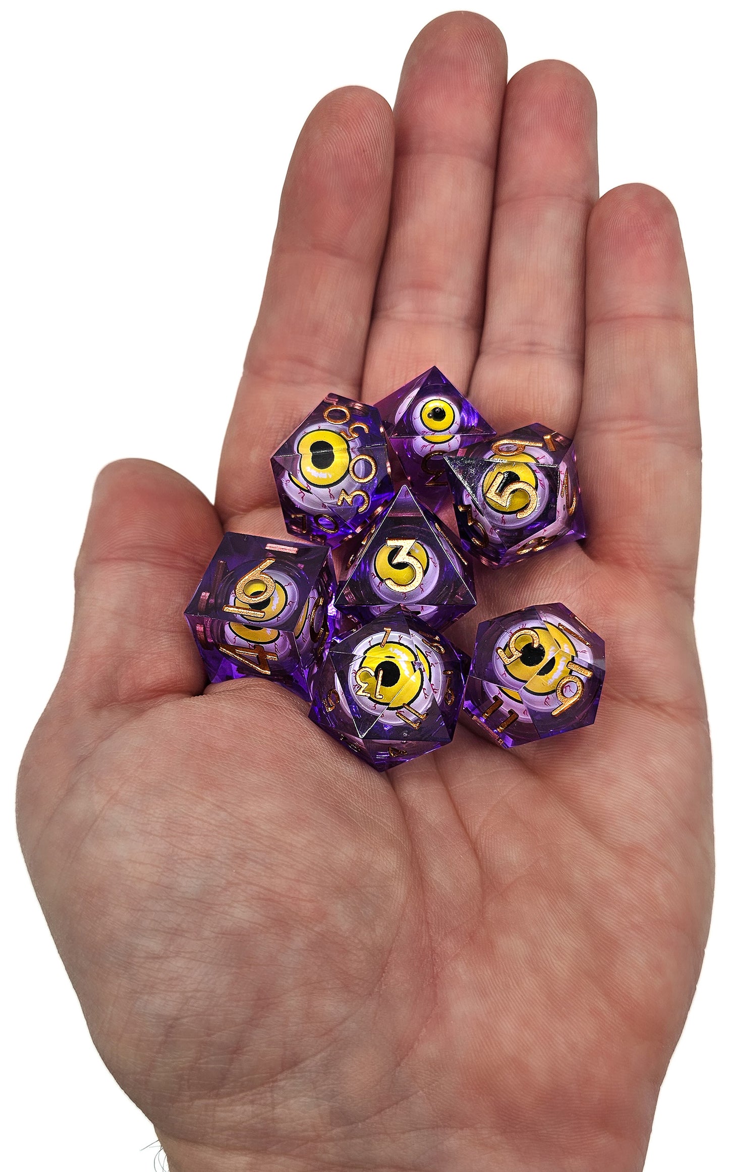 Purple DND Dice Set w/ Yellow Evil Eye Resin Liquid Core