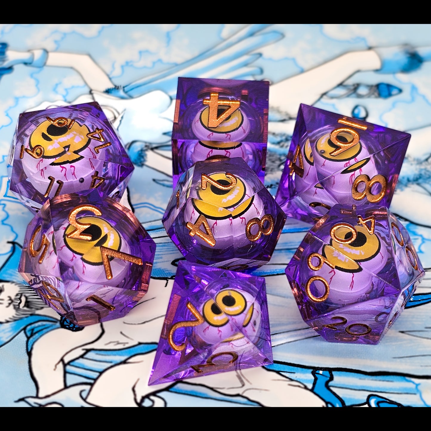 Purple DND Dice Set w/ Yellow Evil Eye Resin Liquid Core